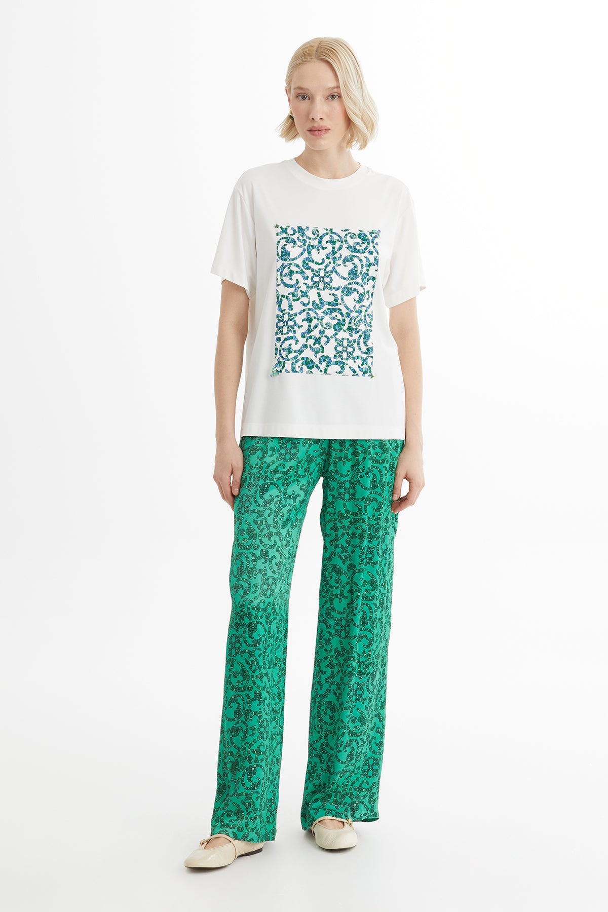 Ecru Printed Embroidered Detail T-Shirt