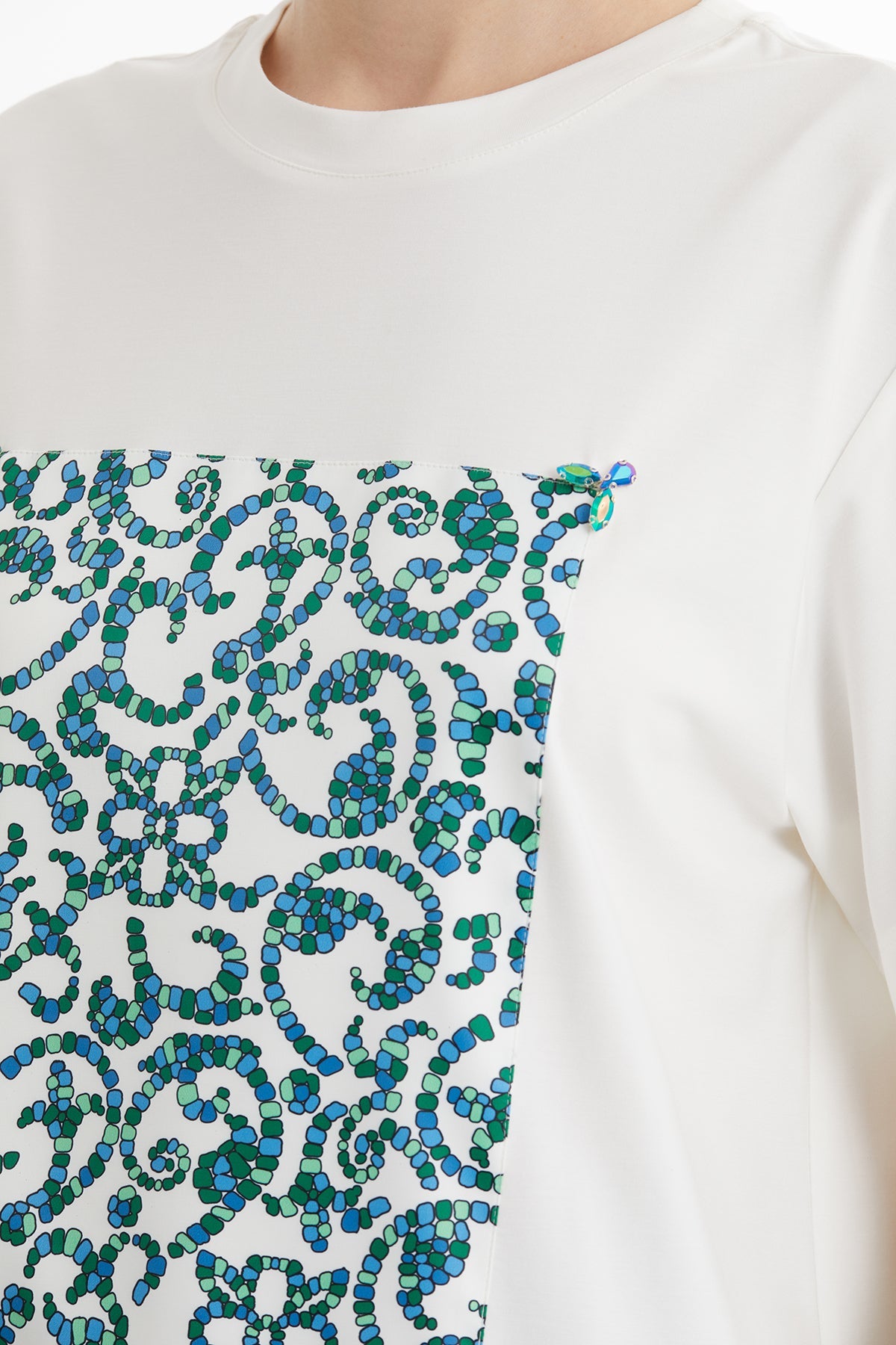 Ecru Printed Embroidered Detail T-Shirt
