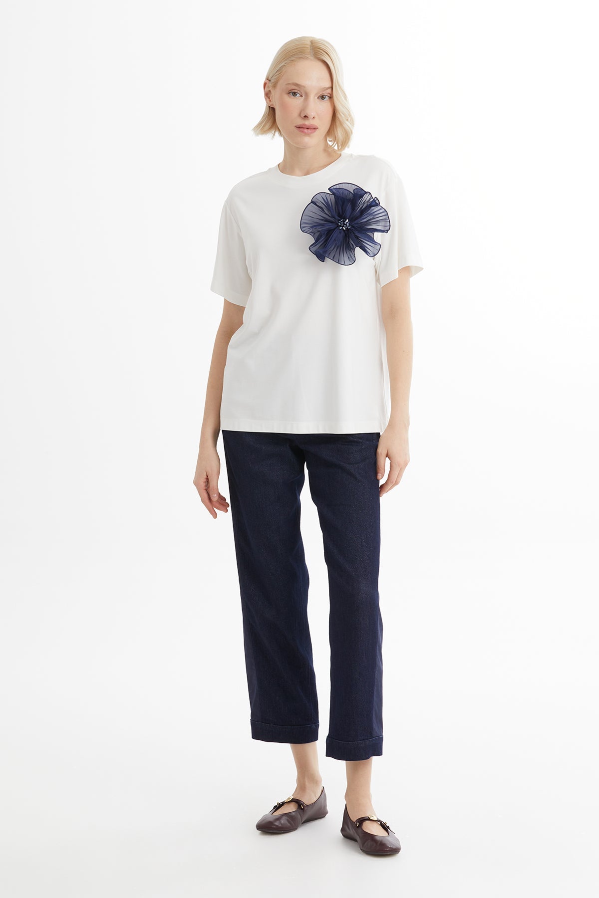 Ecru Pleated and Embroidered Floral Accent T-Shirt