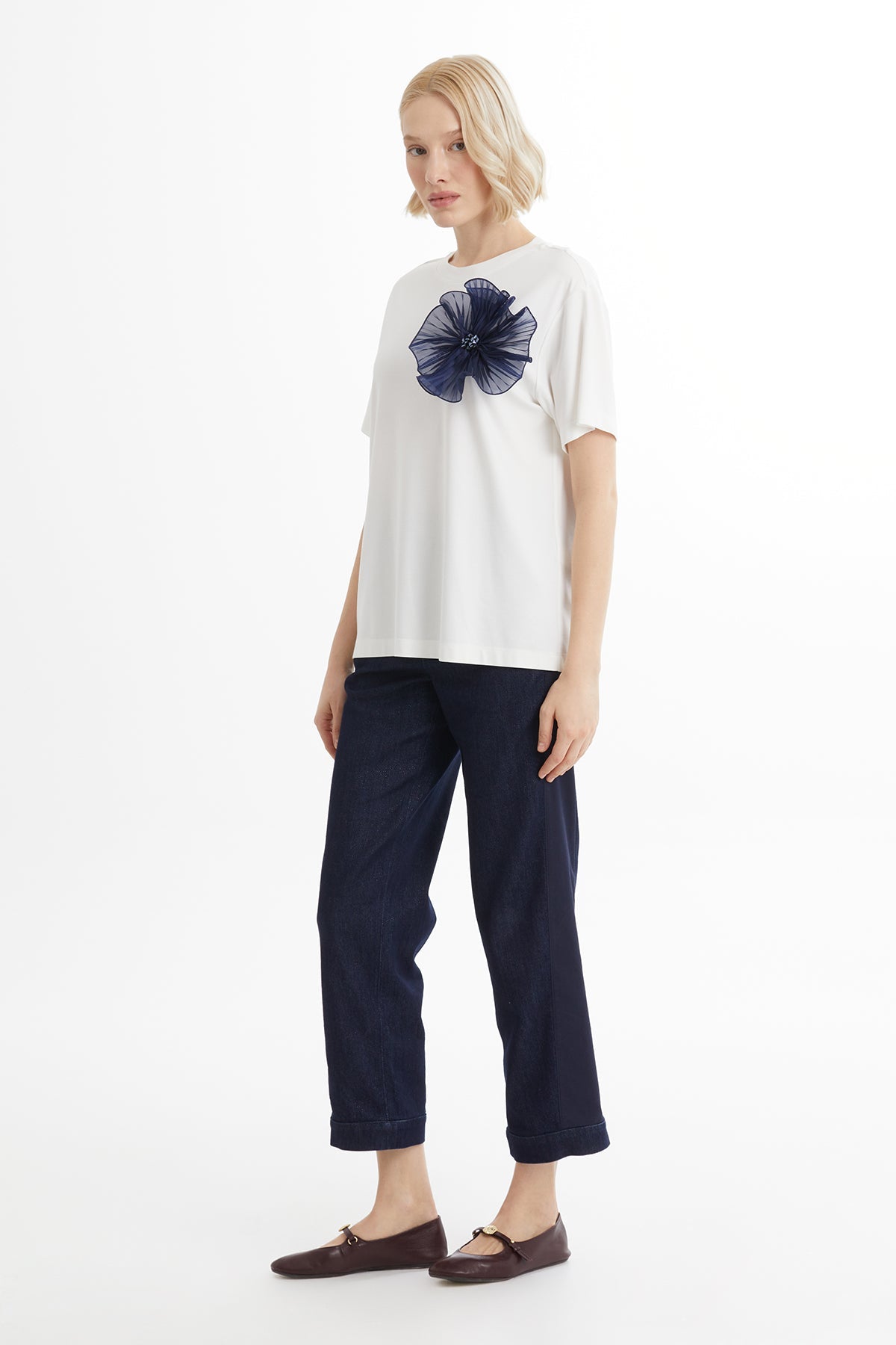 Ecru Pleated and Embroidered Floral Accent T-Shirt