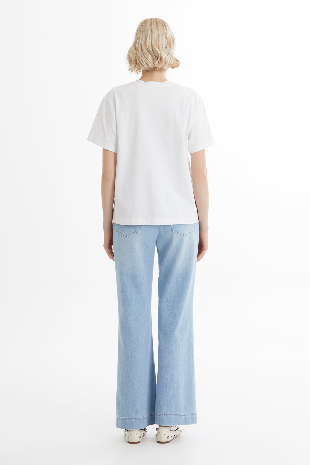 White T-Shirt with Beaded Pocket Flap Detail