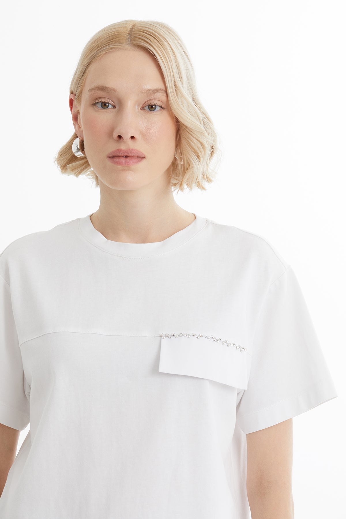 White T-Shirt with Beaded Pocket Flap Detail
