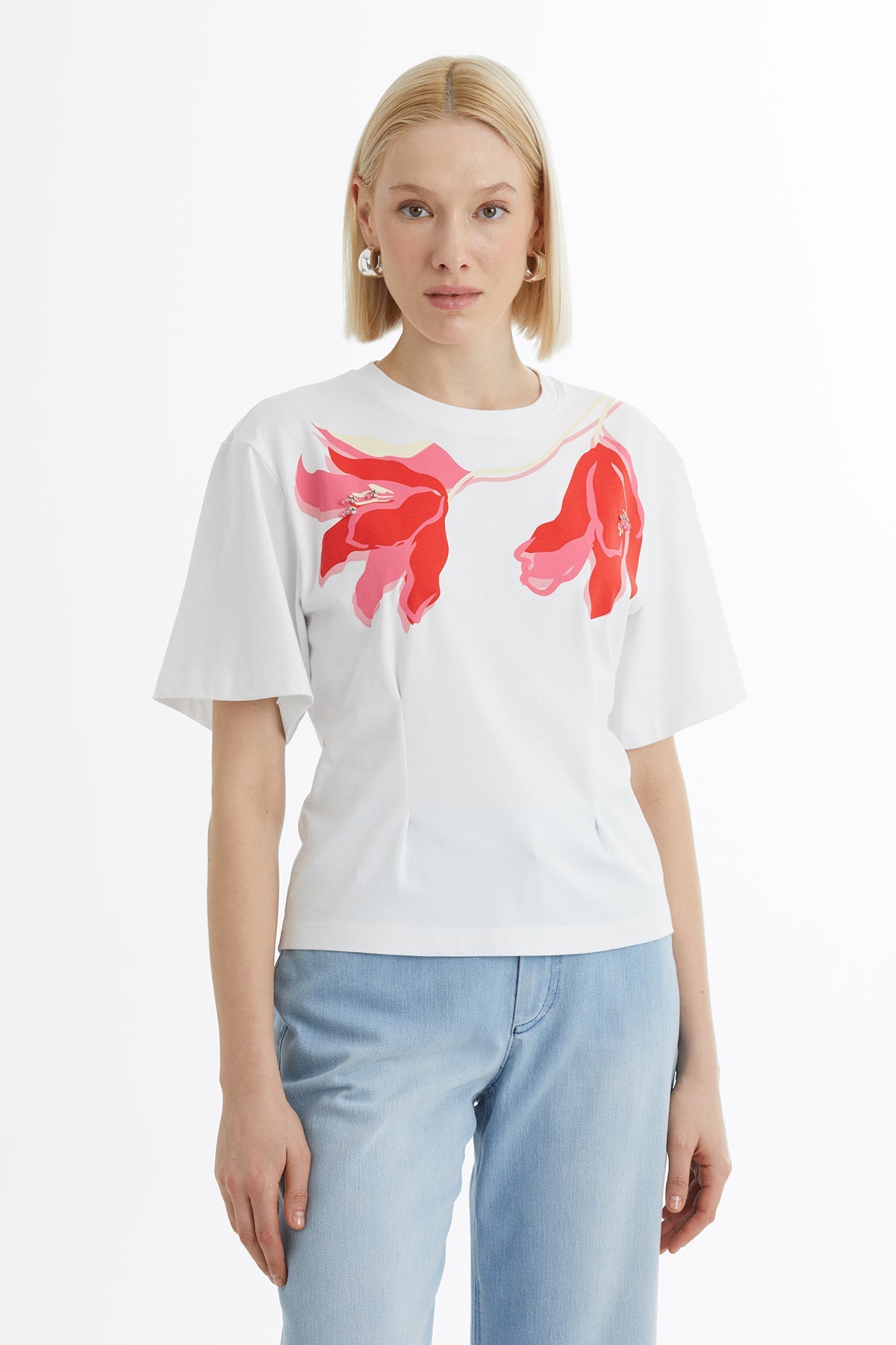 White T-Shirt with Print and Embroidery Details