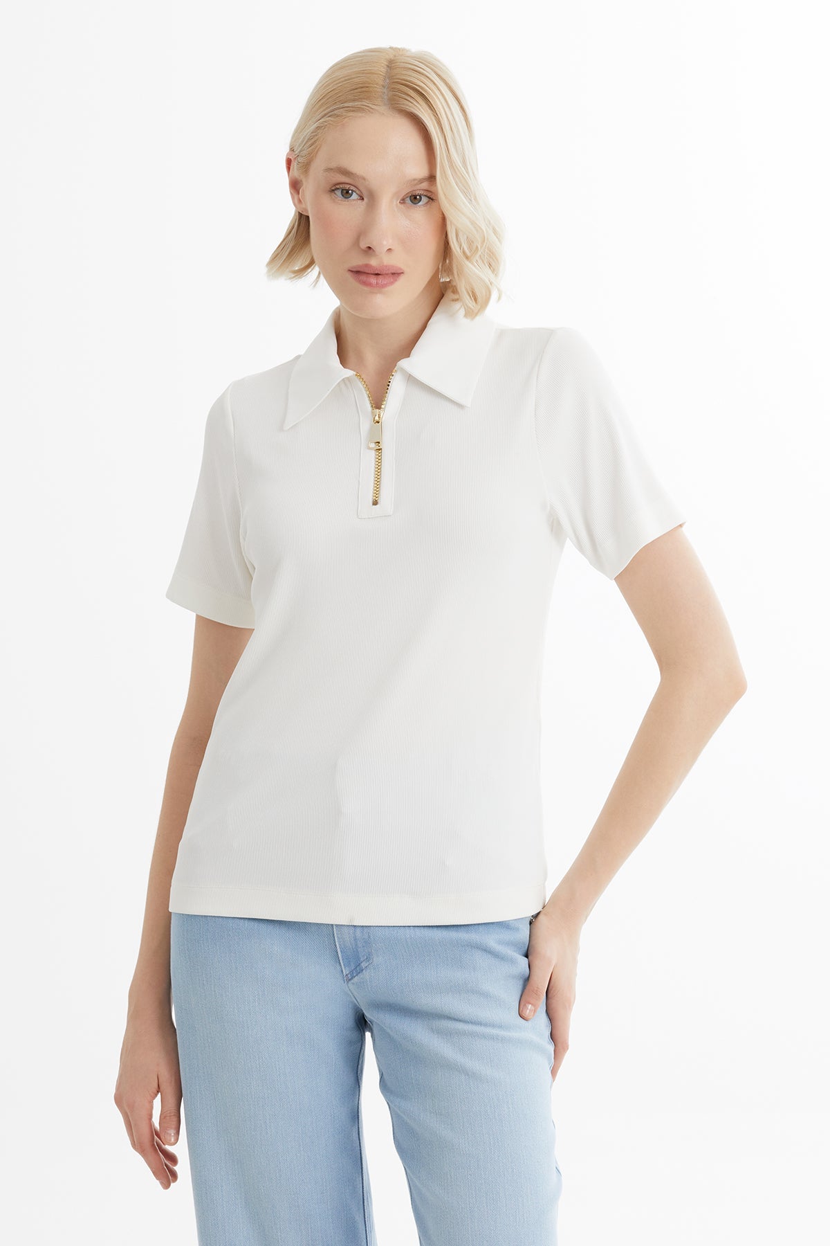 Ecru Zip-Front Short Sleeve Blouse