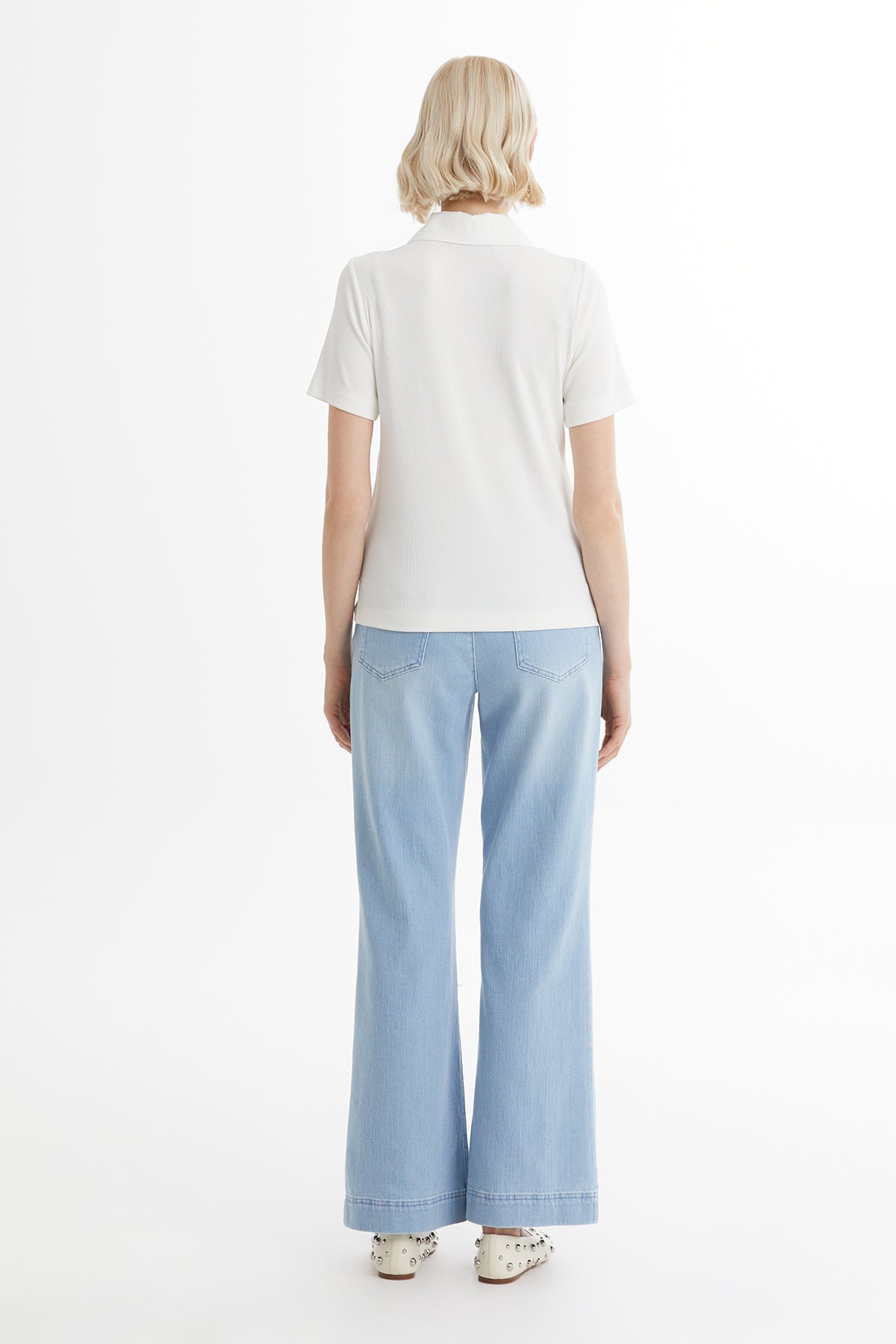 Ecru Zip-Front Short Sleeve Blouse