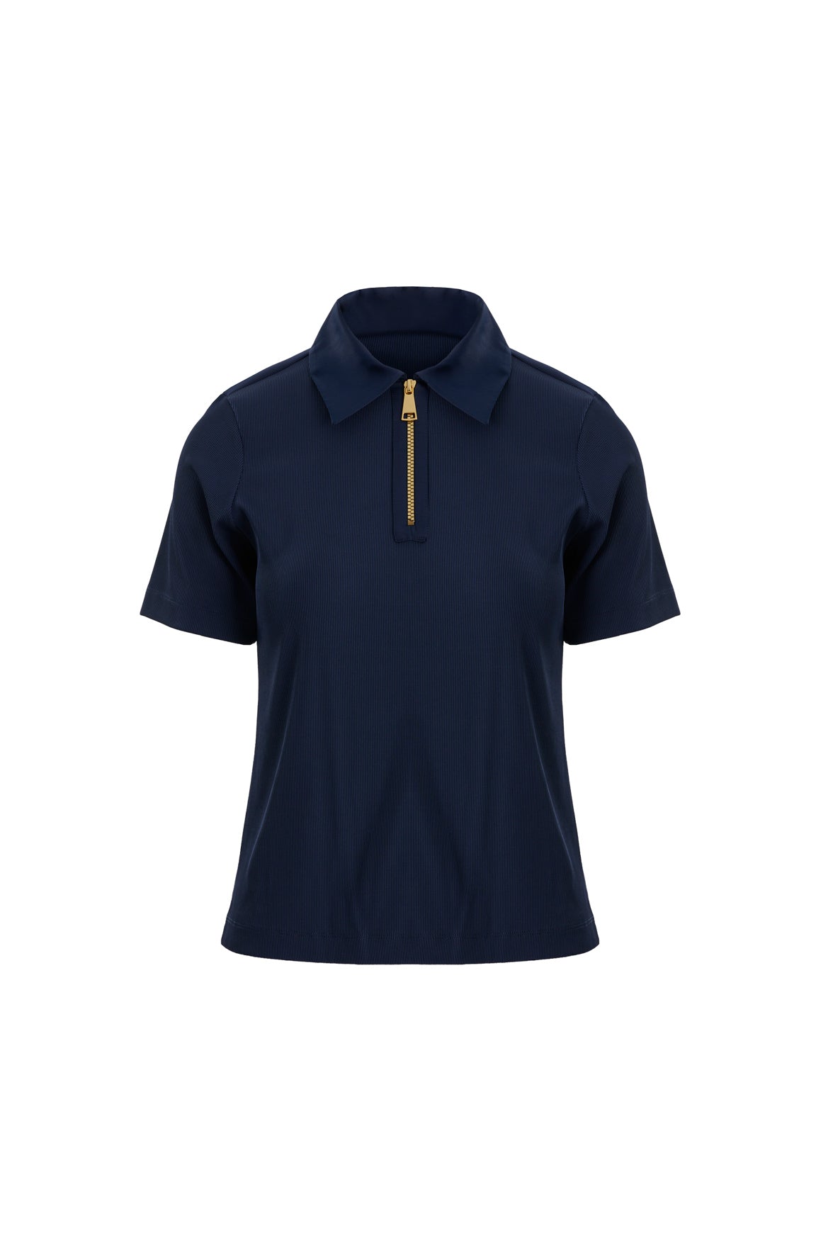 Dark Navy Zip-Front Short Sleeve Blouse