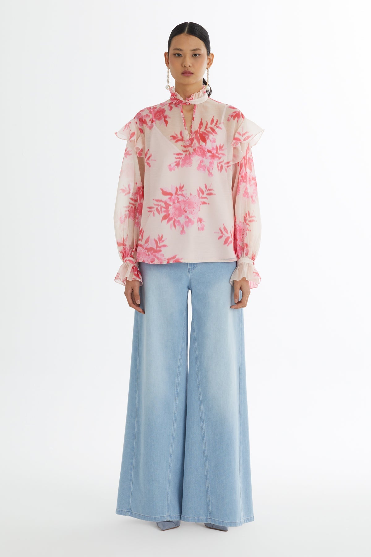 Pink Ruffled Collar and Sleeve Blouse