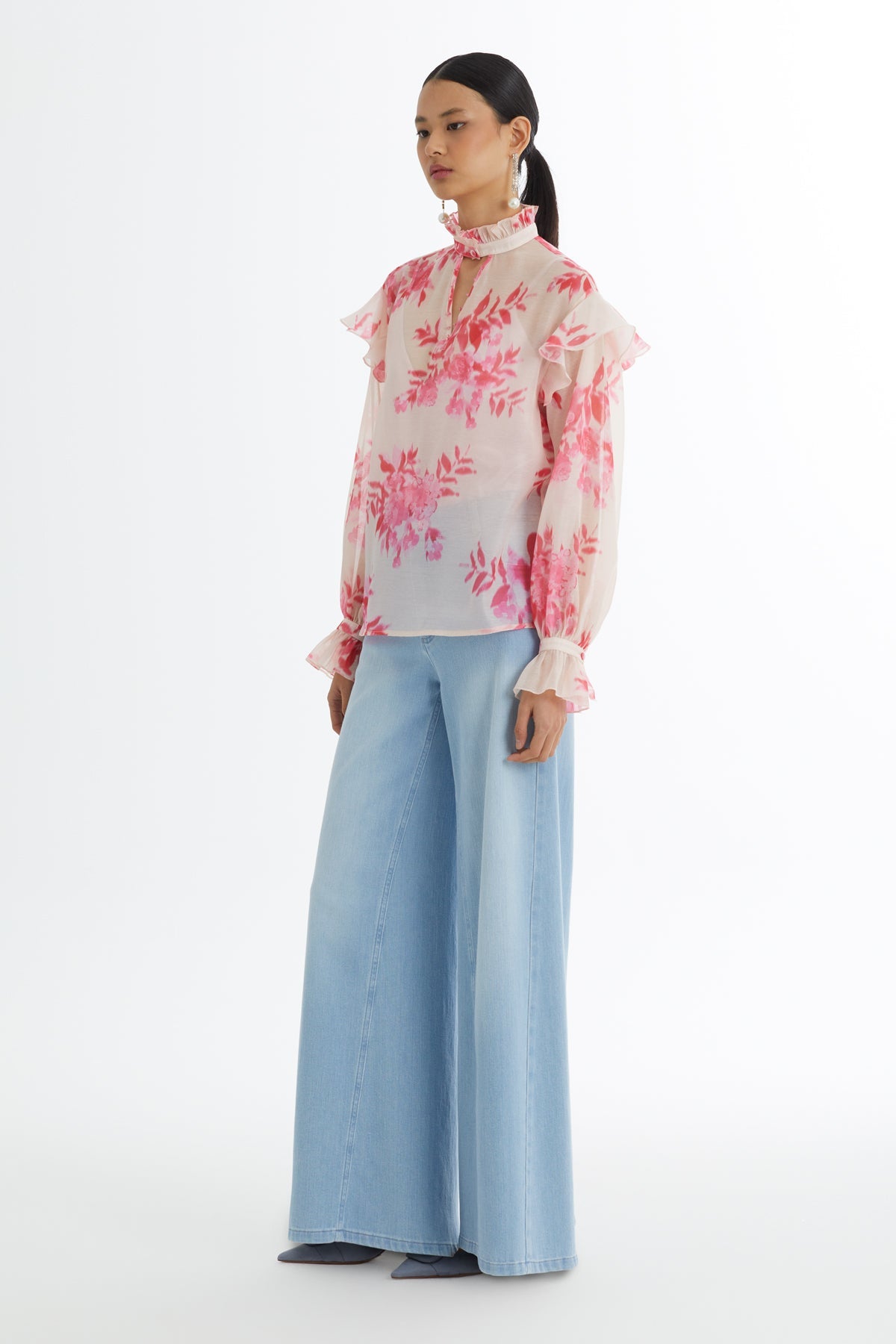 Pink Ruffled Collar and Sleeve Blouse
