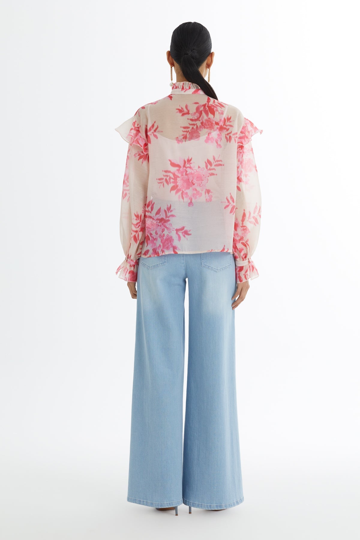 Pink Ruffled Collar and Sleeve Blouse