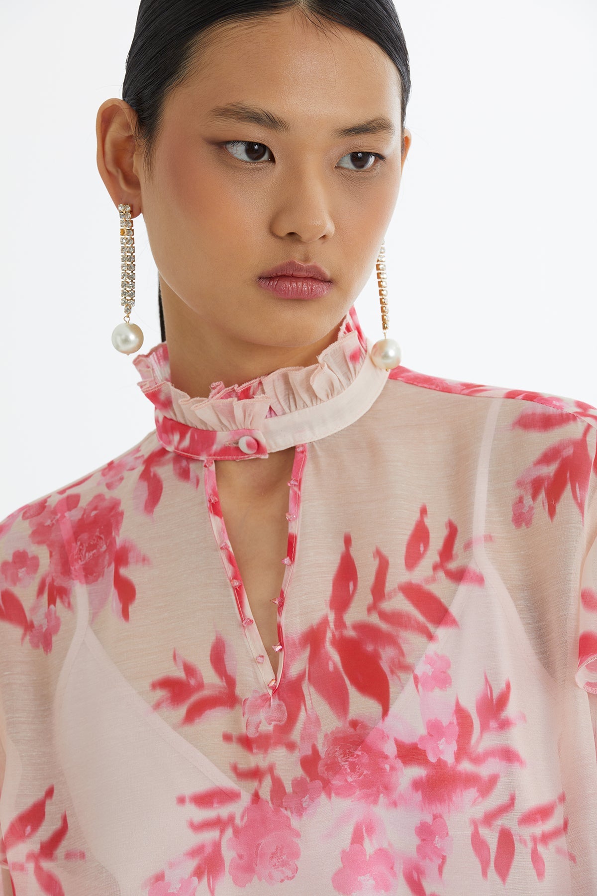 Pink Ruffled Collar and Sleeve Blouse