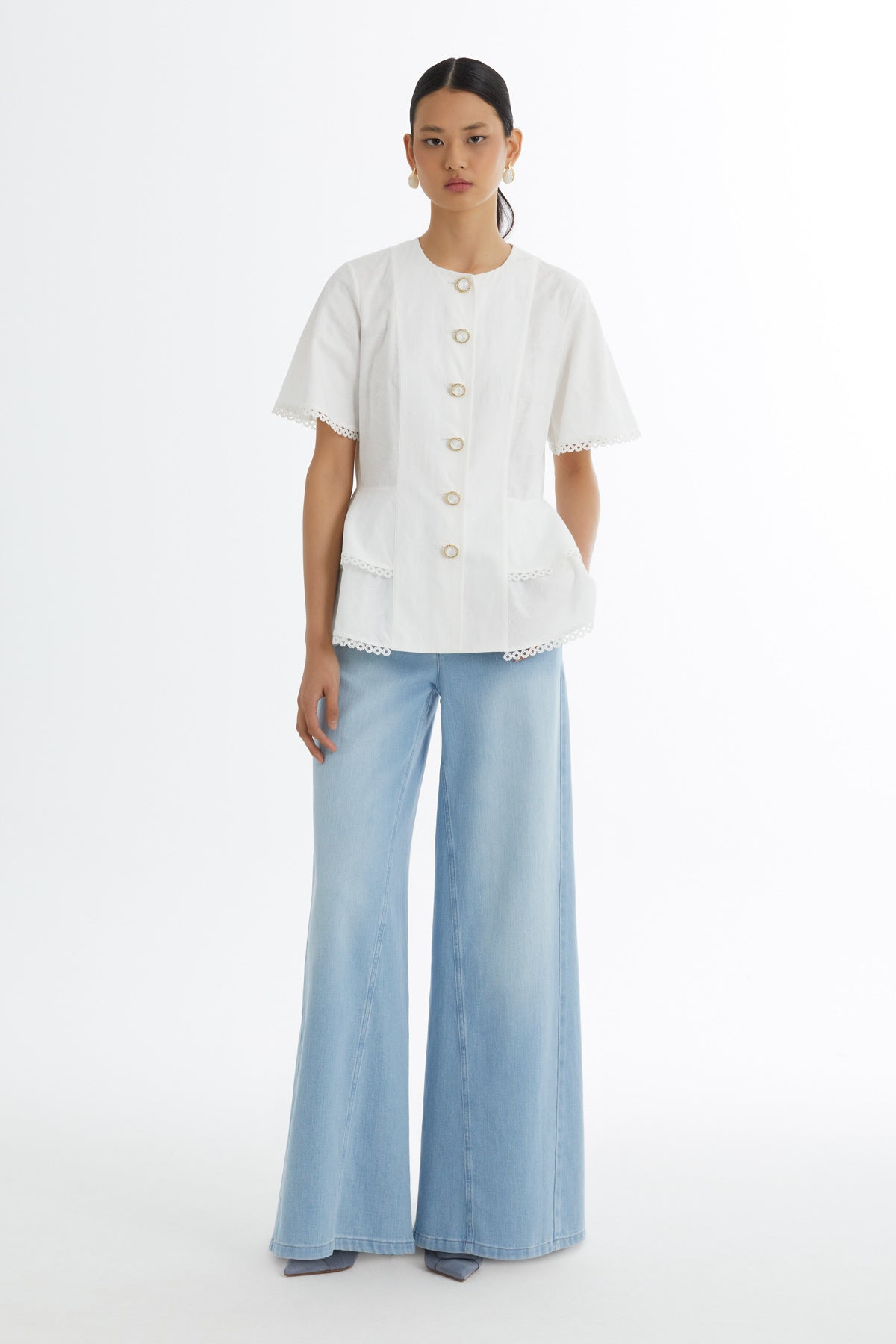 Ecru Flounce Button-Closure Blouse