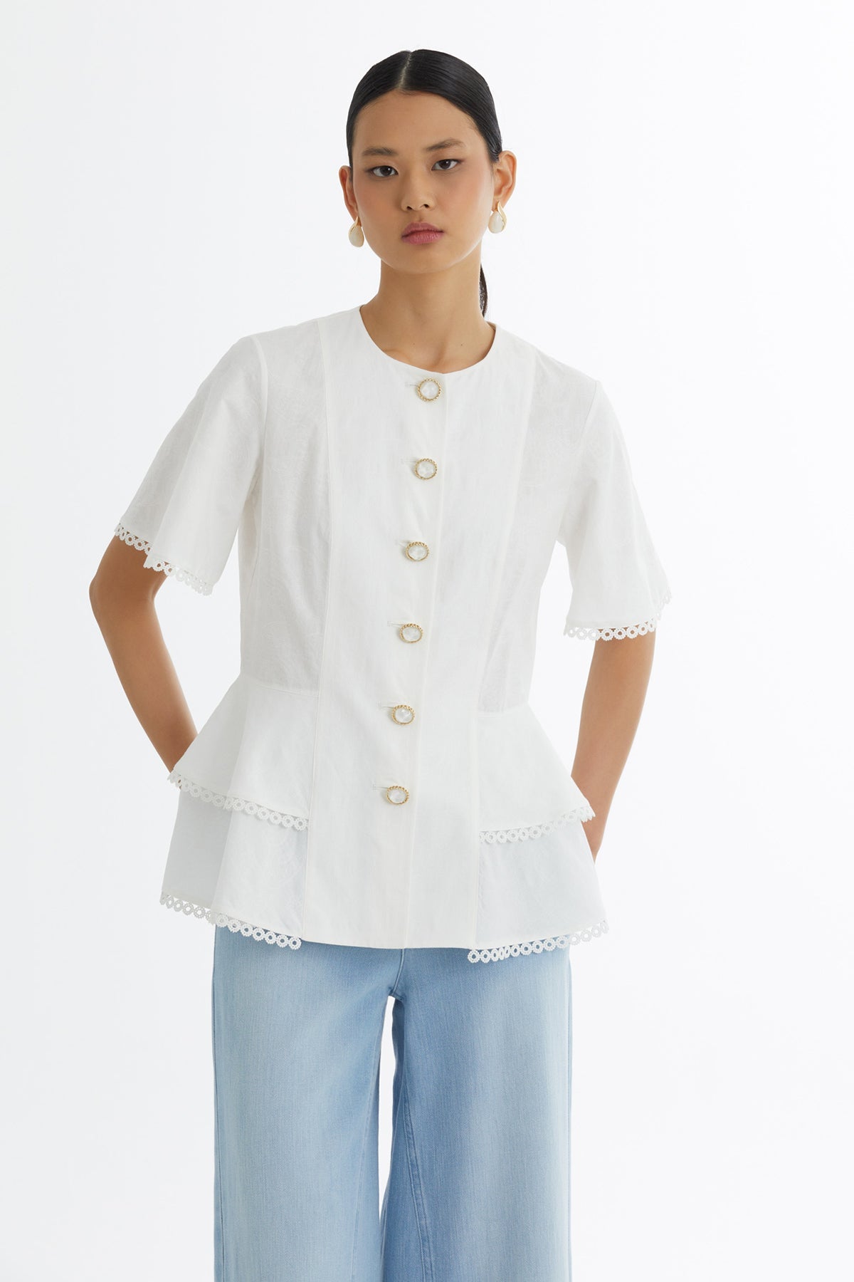 Ecru Flounce Button-Closure Blouse