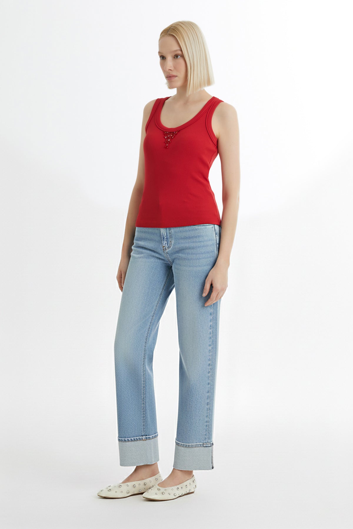 Red Embroidered Detail Tank Top