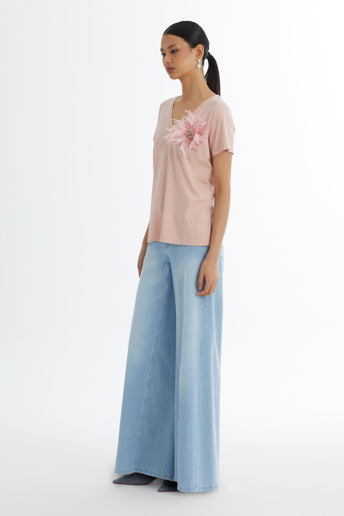 Pink T-Shirt with Beaded Brooch Accessory