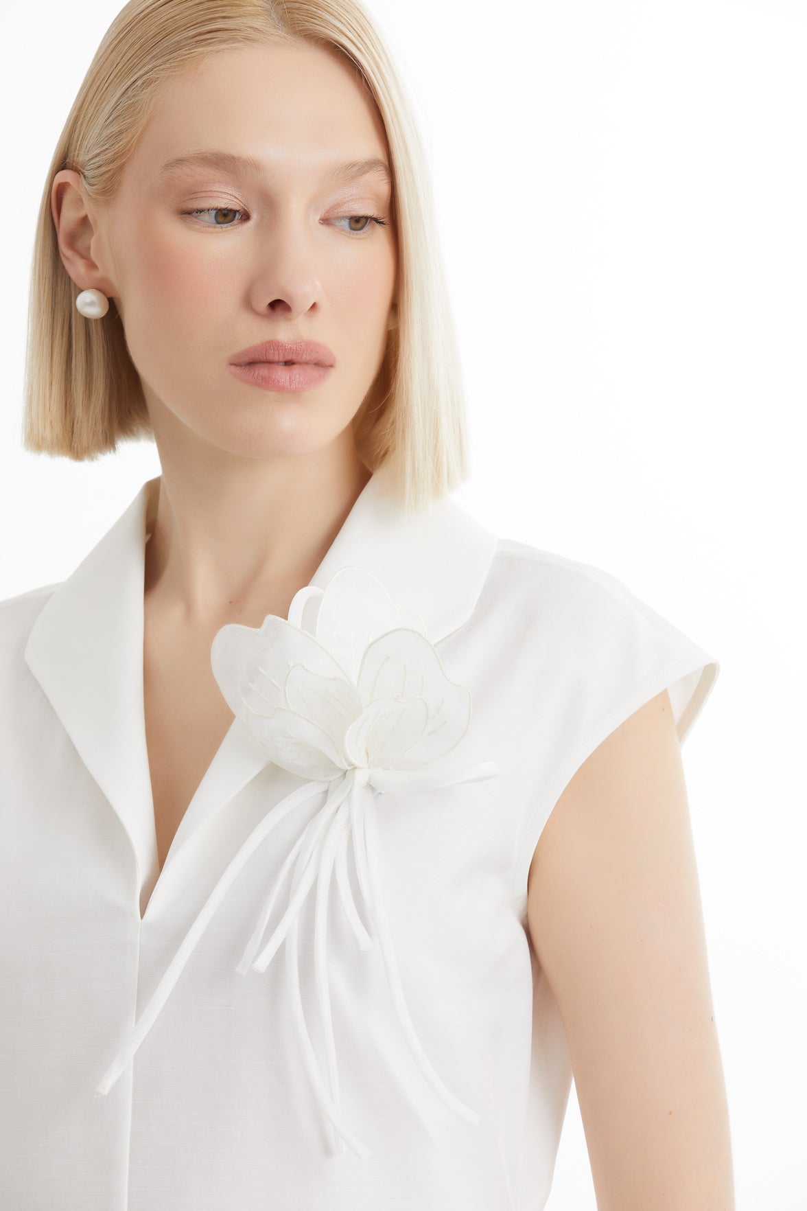 Ecru Shawl Collar Brooch Detail Blouse