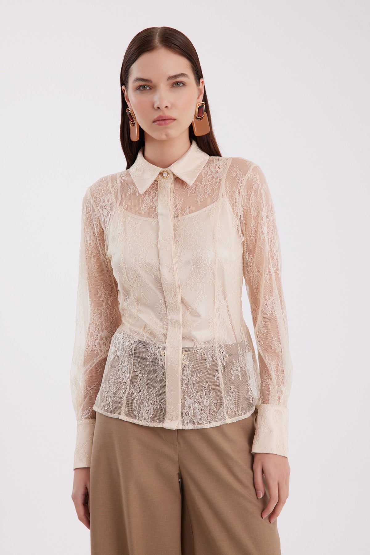 Beige Sheer Lace Shirt