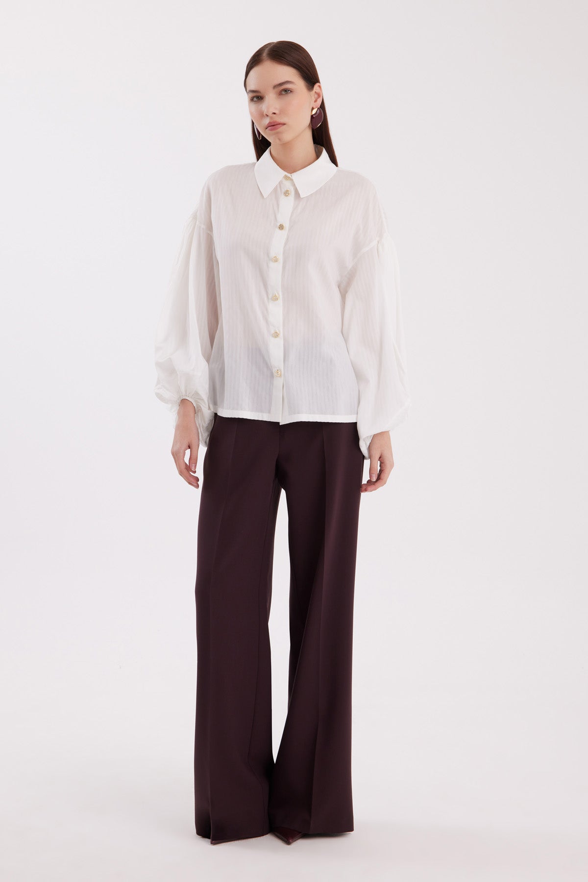 White Balloon-Sleeve Striped Shirt