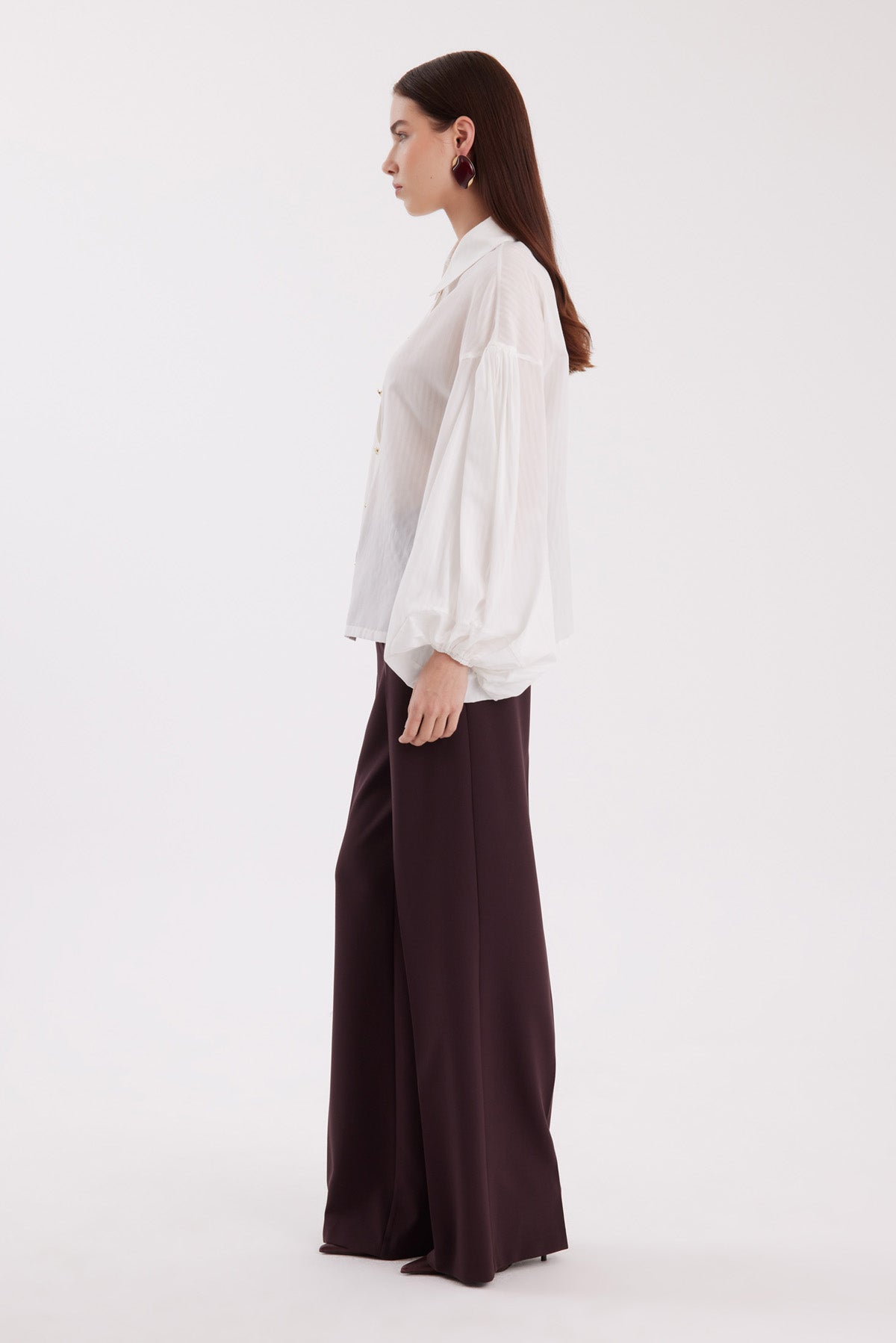 White Balloon-Sleeve Striped Shirt