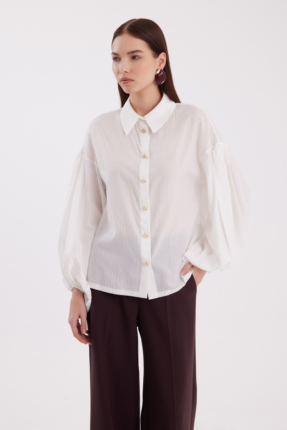 White Balloon-Sleeve Striped Shirt