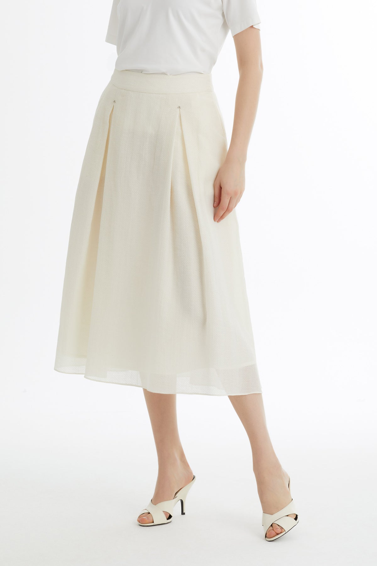Ecru Pleated Embroidered Skirt