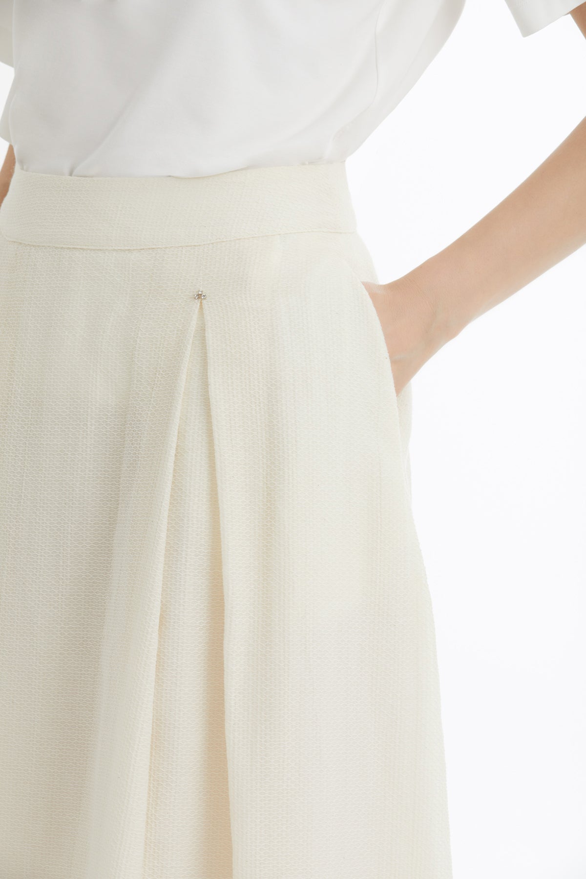 Ecru Pleated Embroidered Skirt