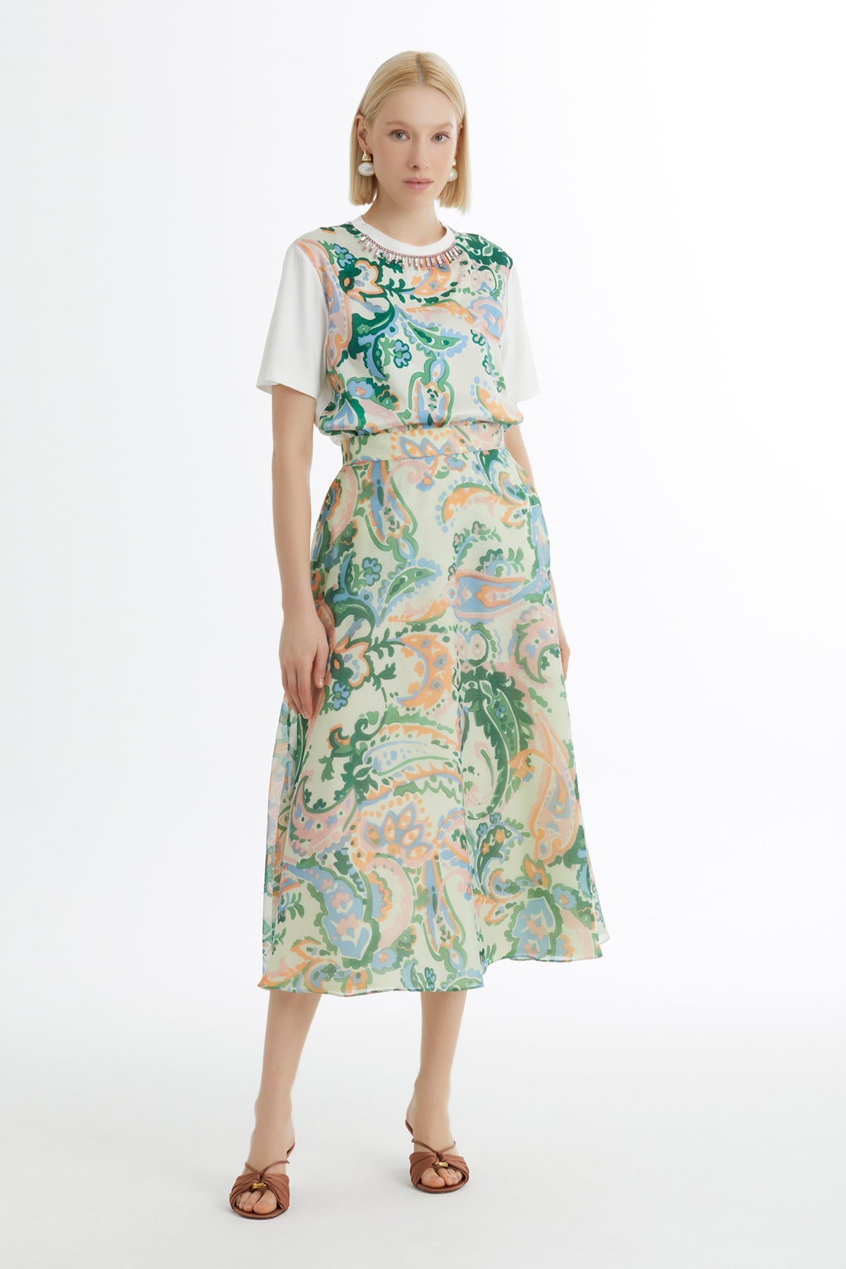 Patterned Flounce Midi Skirt