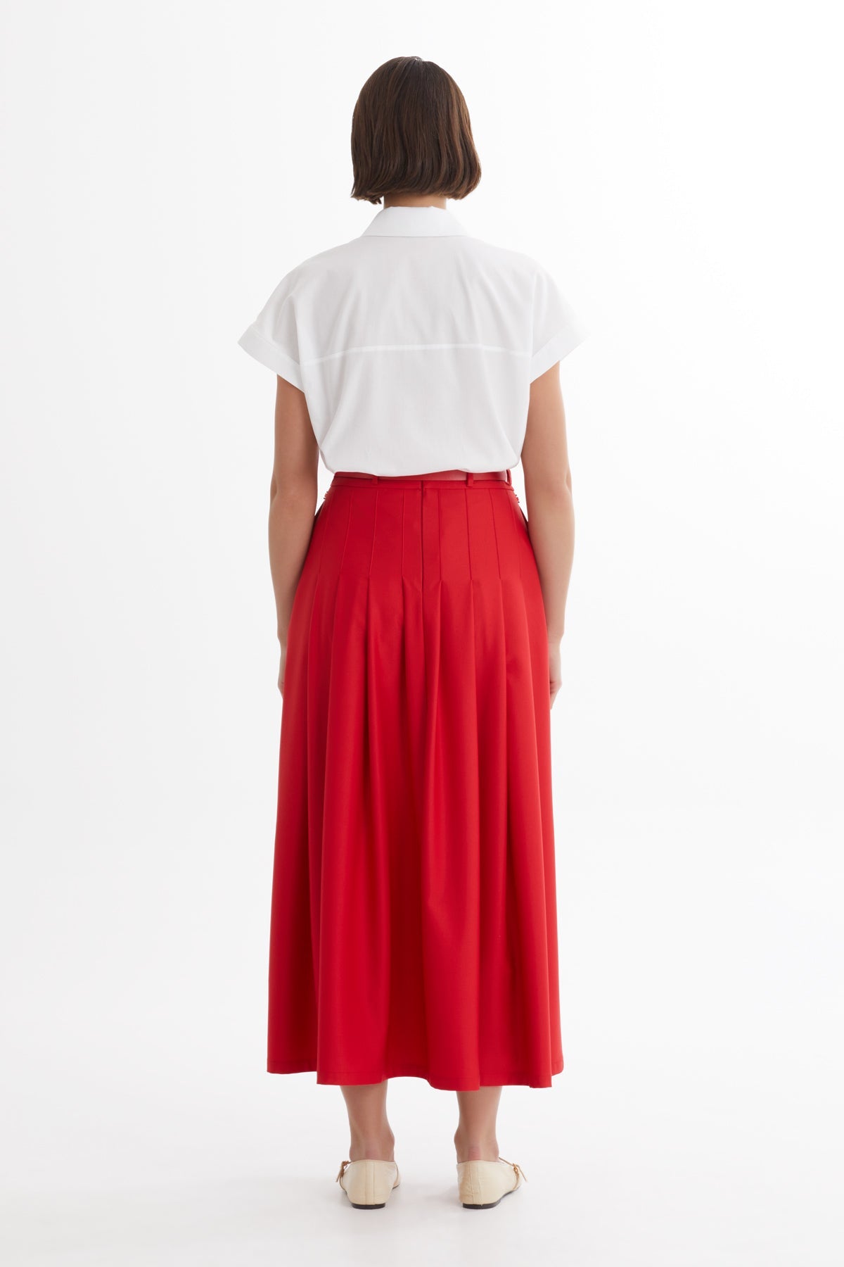 Red Leather-Belted Pleated Skirt