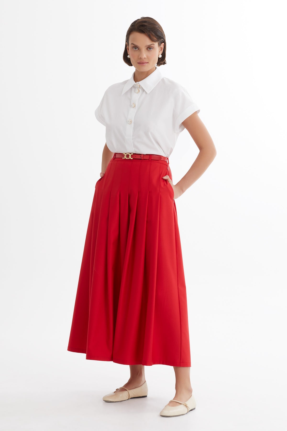 Red Leather-Belted Pleated Skirt