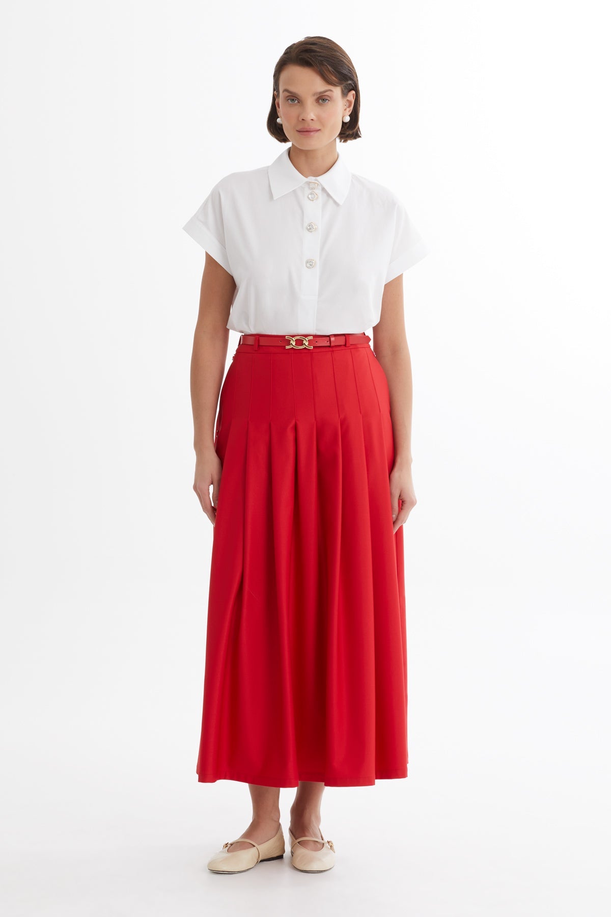 Red Leather-Belted Pleated Skirt
