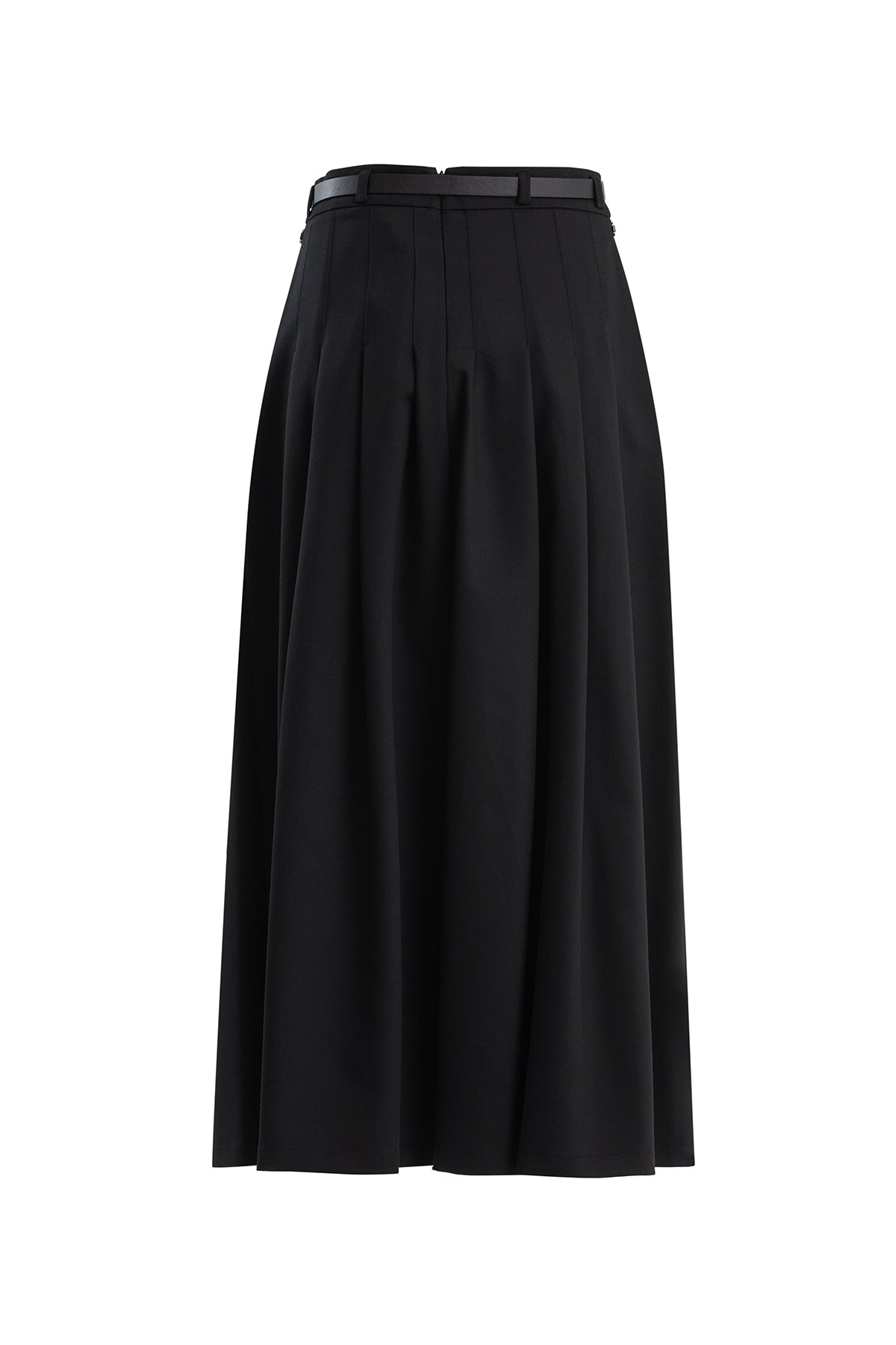 Black Leather-Belted Pleated Skirt