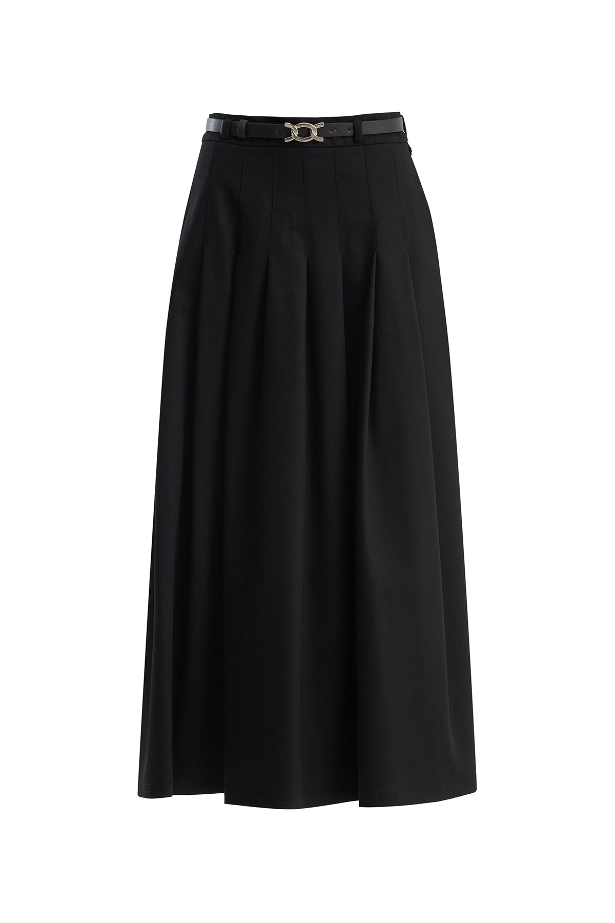 Black Leather-Belted Pleated Skirt