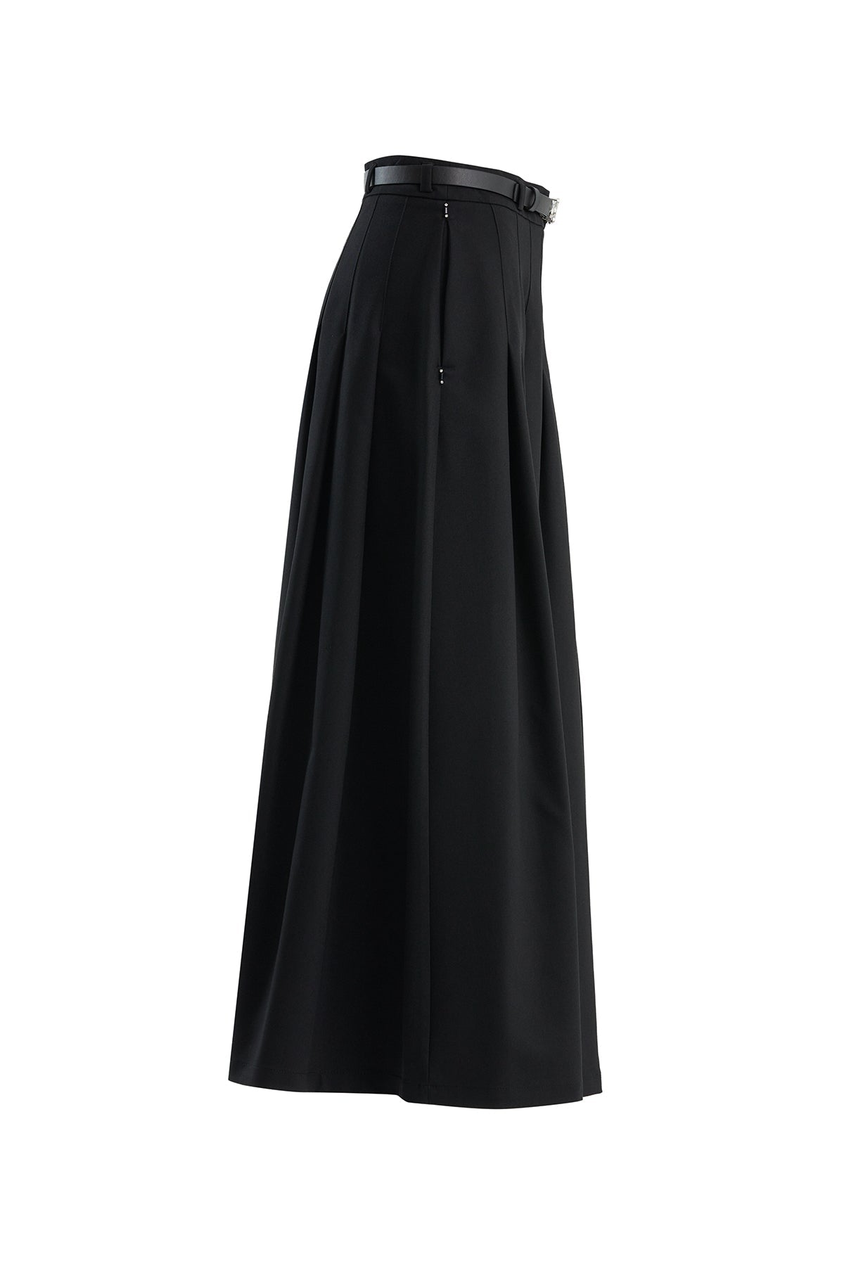Black Leather-Belted Pleated Skirt