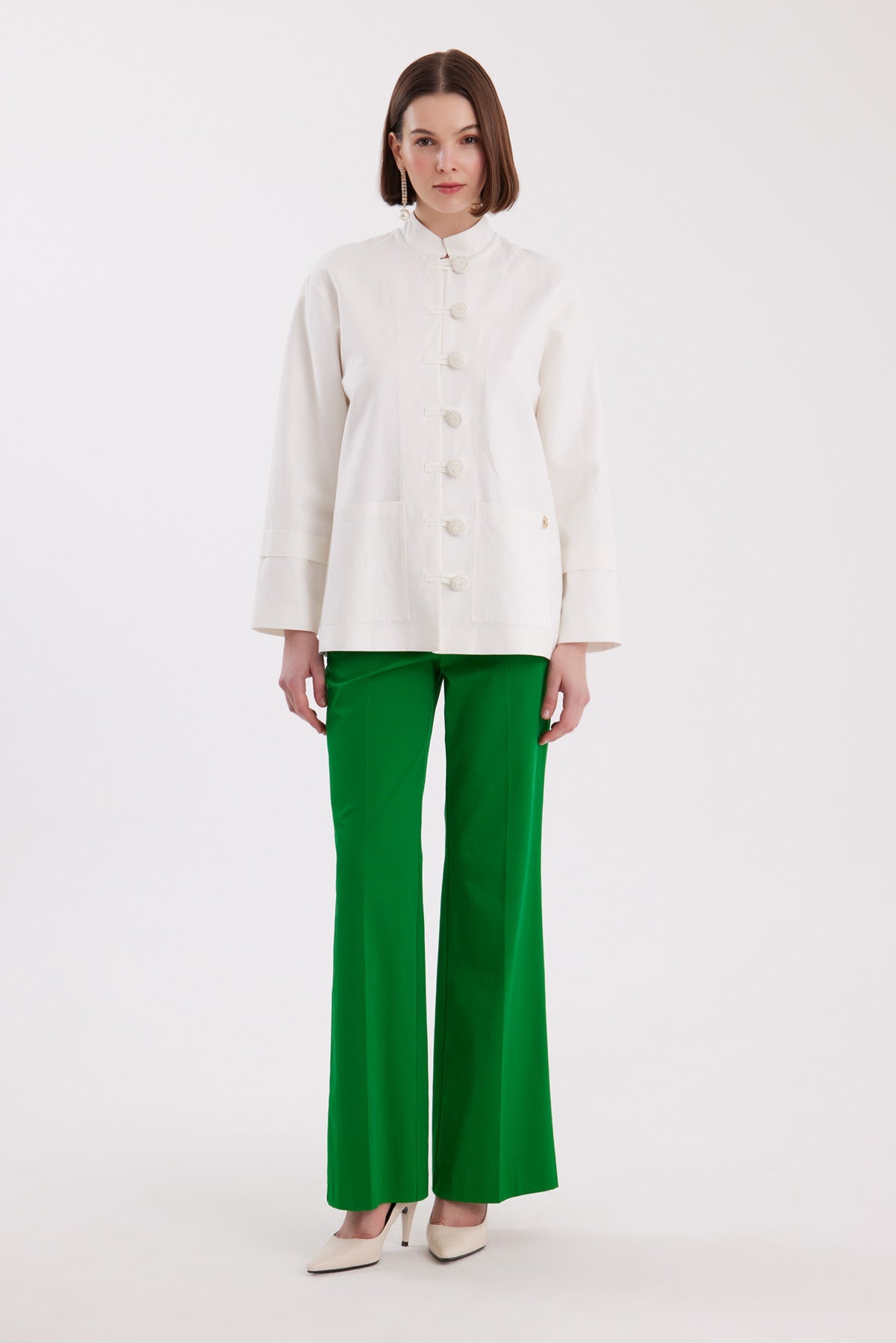 Ecru Mandarin-Collar Handmade Buttoned Blazer