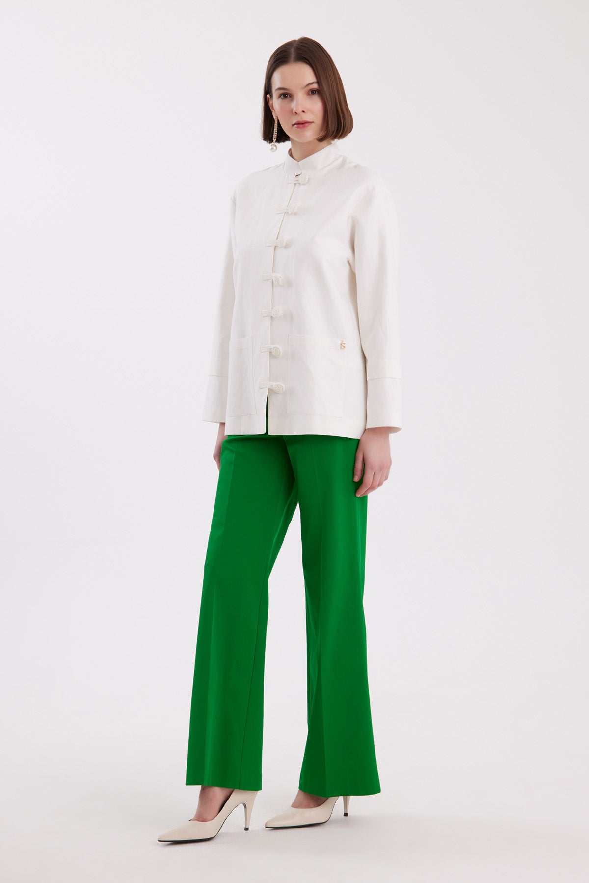 Ecru Mandarin-Collar Handmade Buttoned Blazer