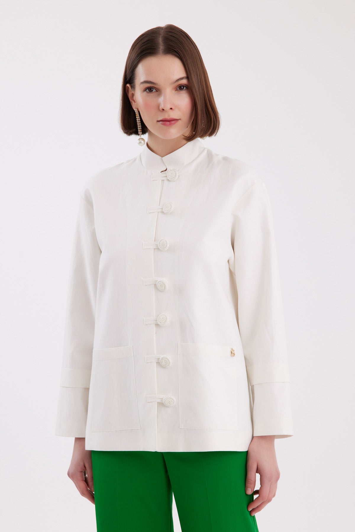 Ecru Mandarin-Collar Handmade Buttoned Blazer