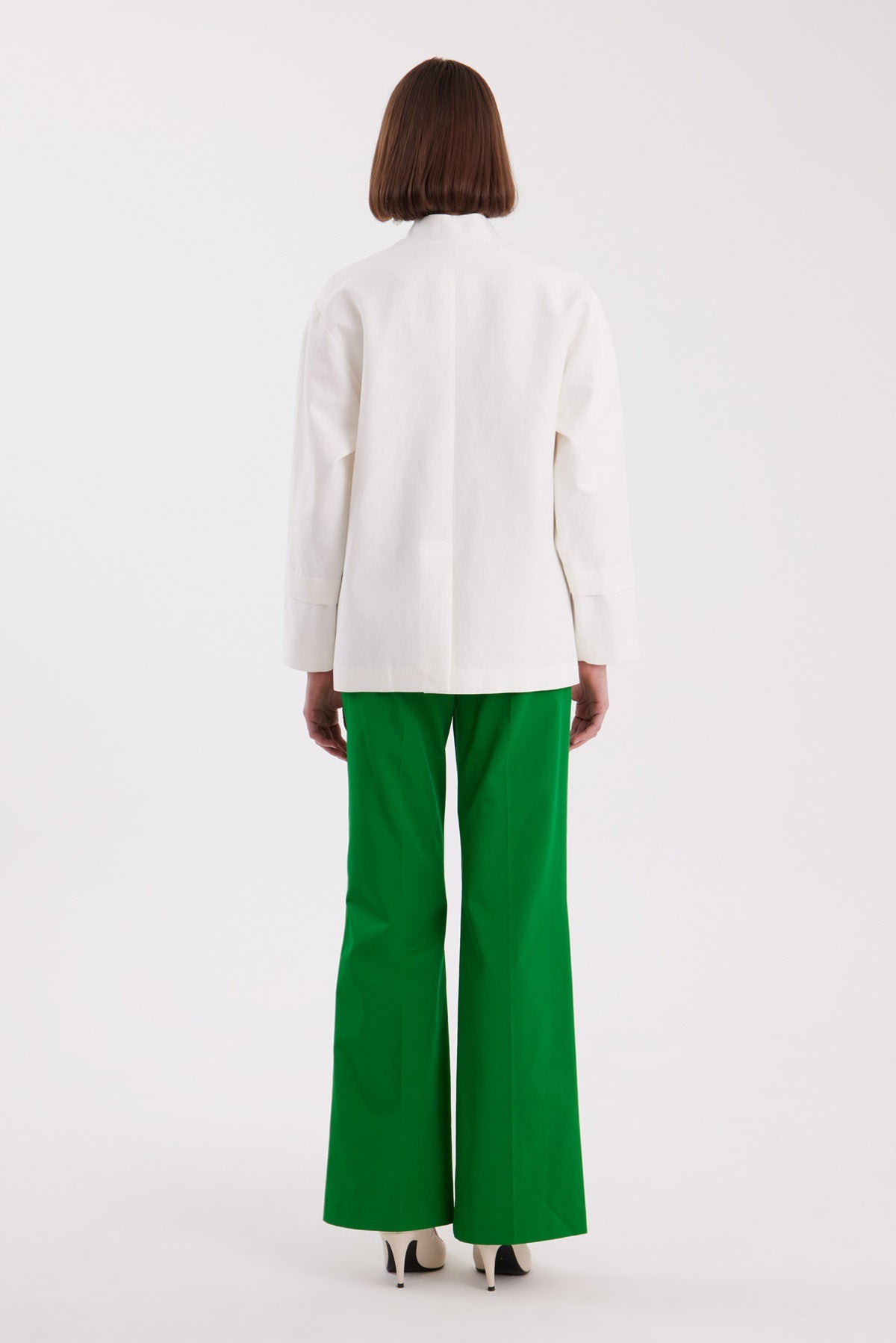 Ecru Mandarin-Collar Handmade Buttoned Blazer