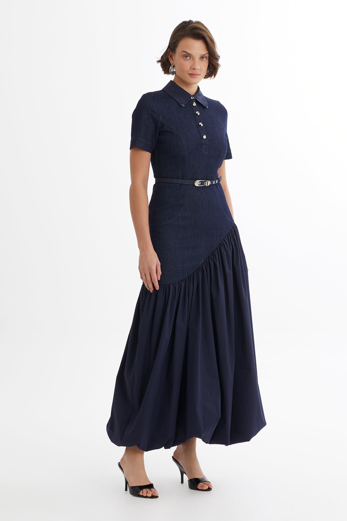 Blue Belted Balloon Skirt Denim Dress