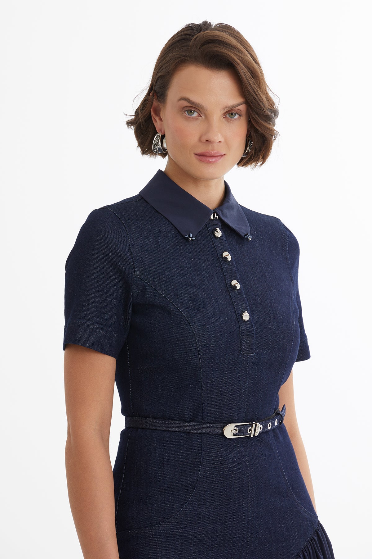 Blue Belted Balloon Skirt Denim Dress