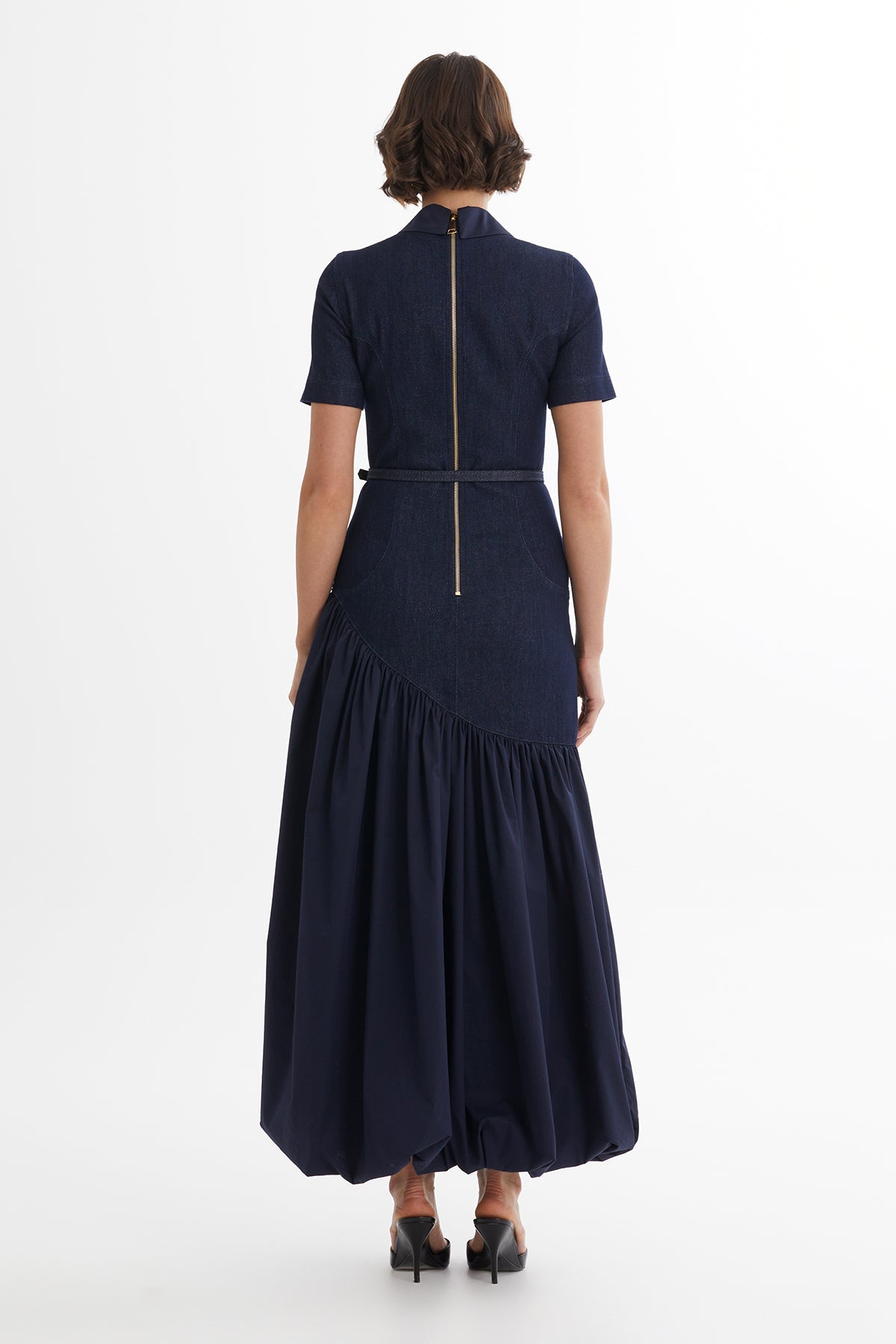 Blue Belted Balloon Skirt Denim Dress