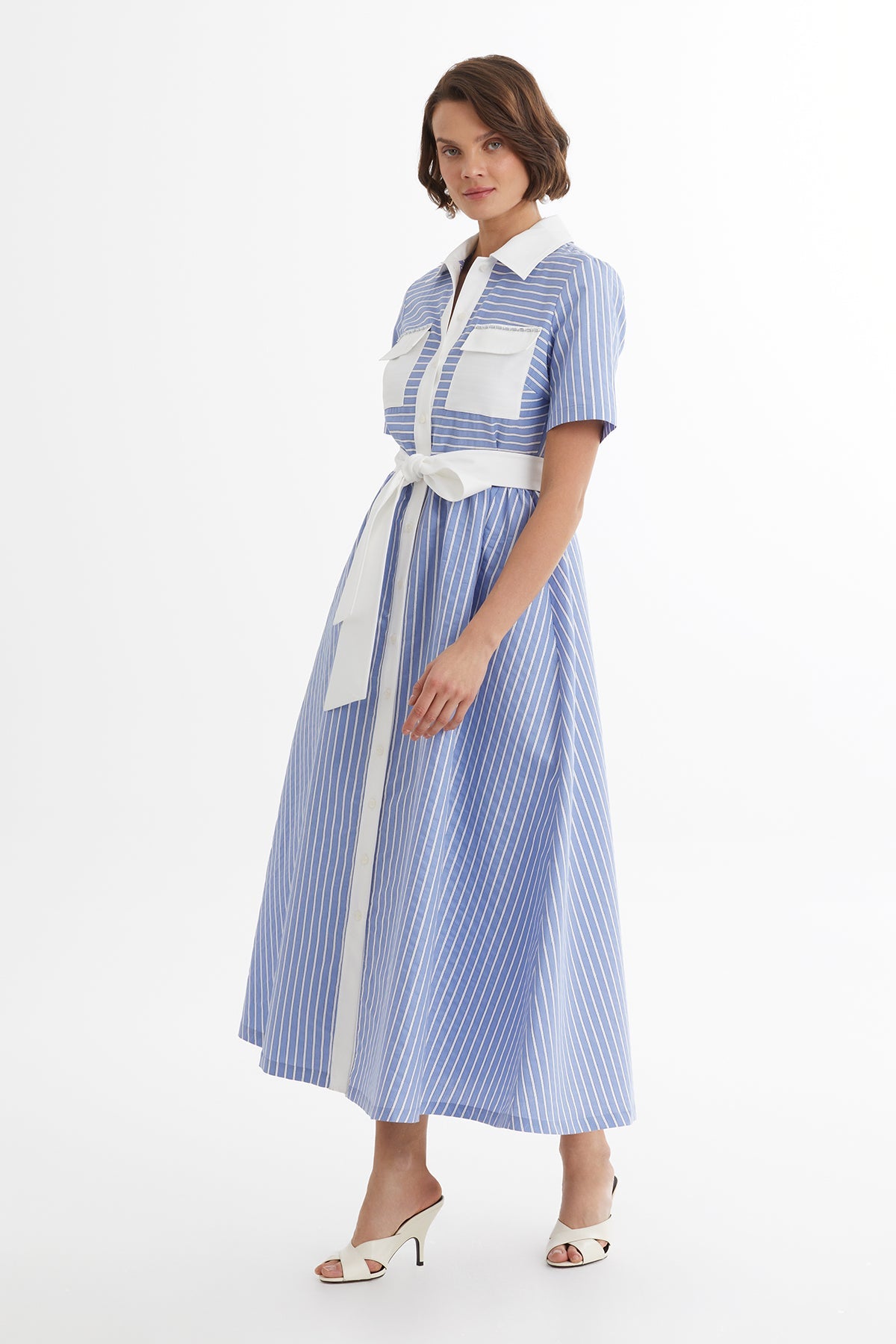 Blue Tie-Waist Striped Dress