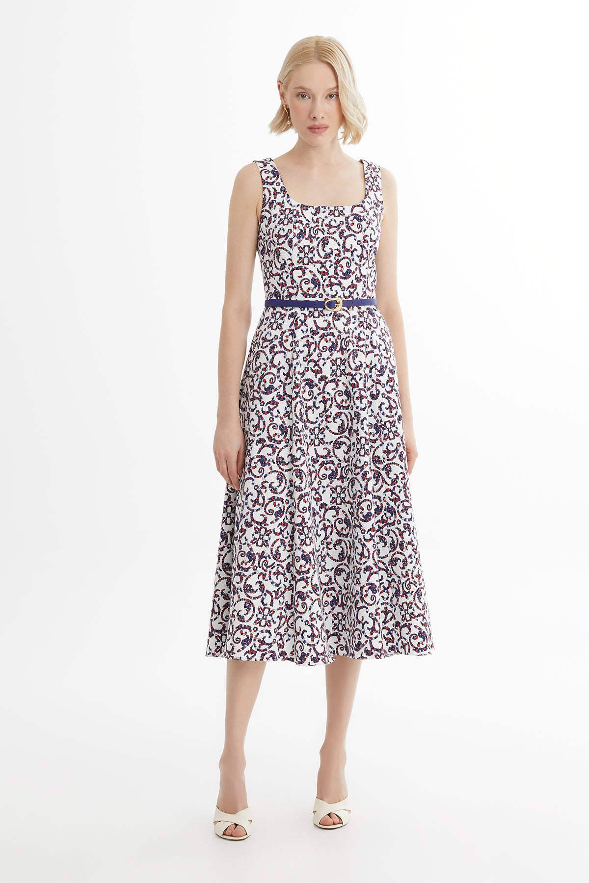 White Leather-Belted Patterned Dress
