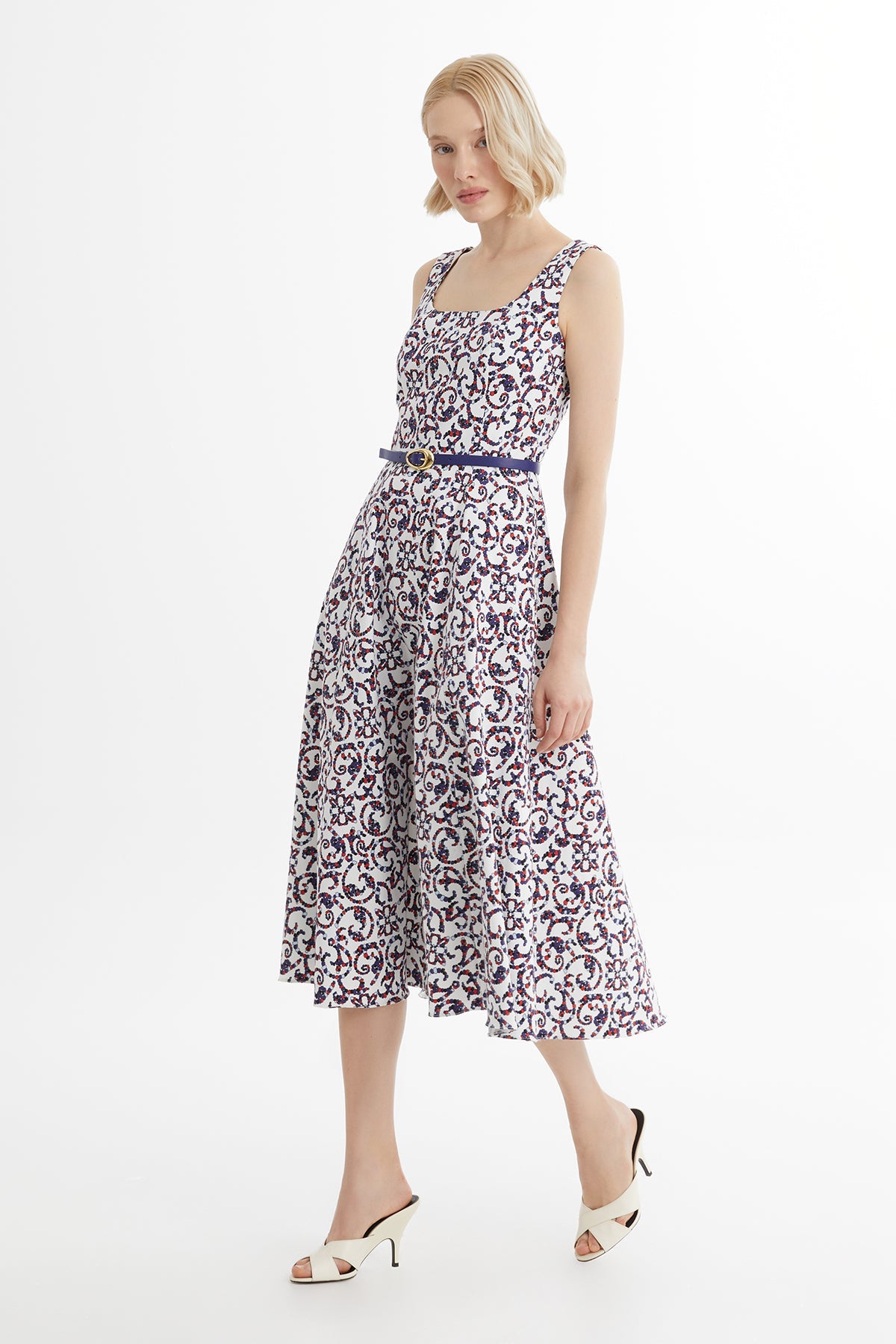 White Leather-Belted Patterned Dress