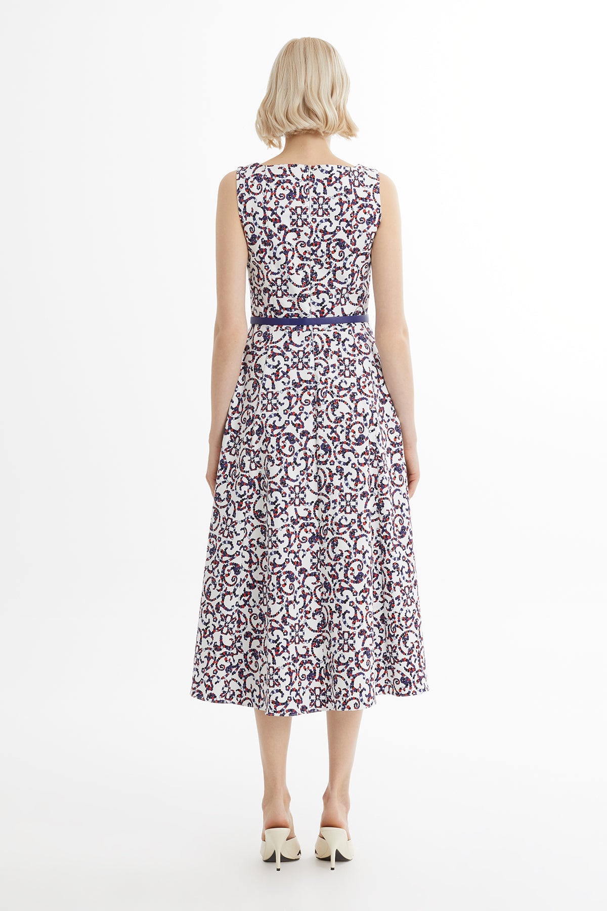 White Leather-Belted Patterned Dress