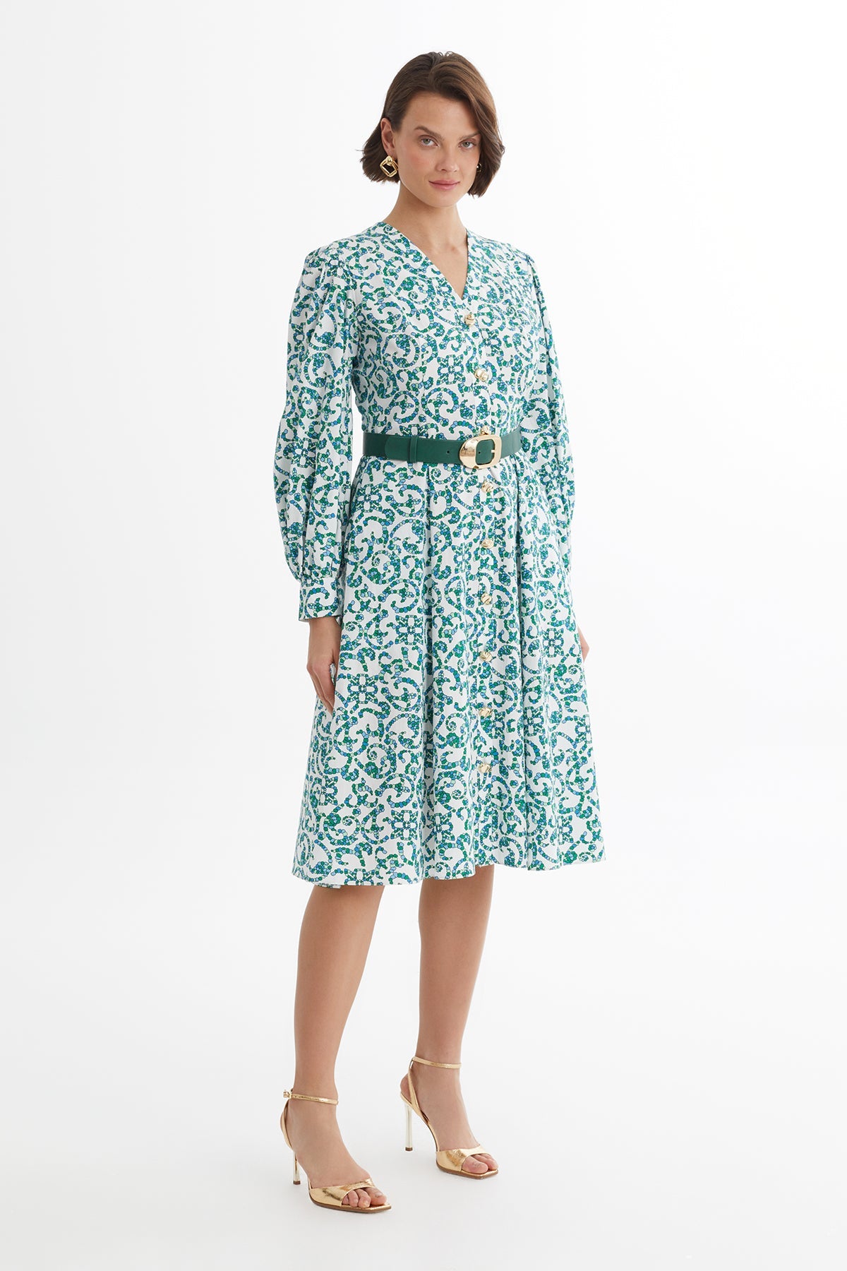 White Leather-Belted Patterned Dress