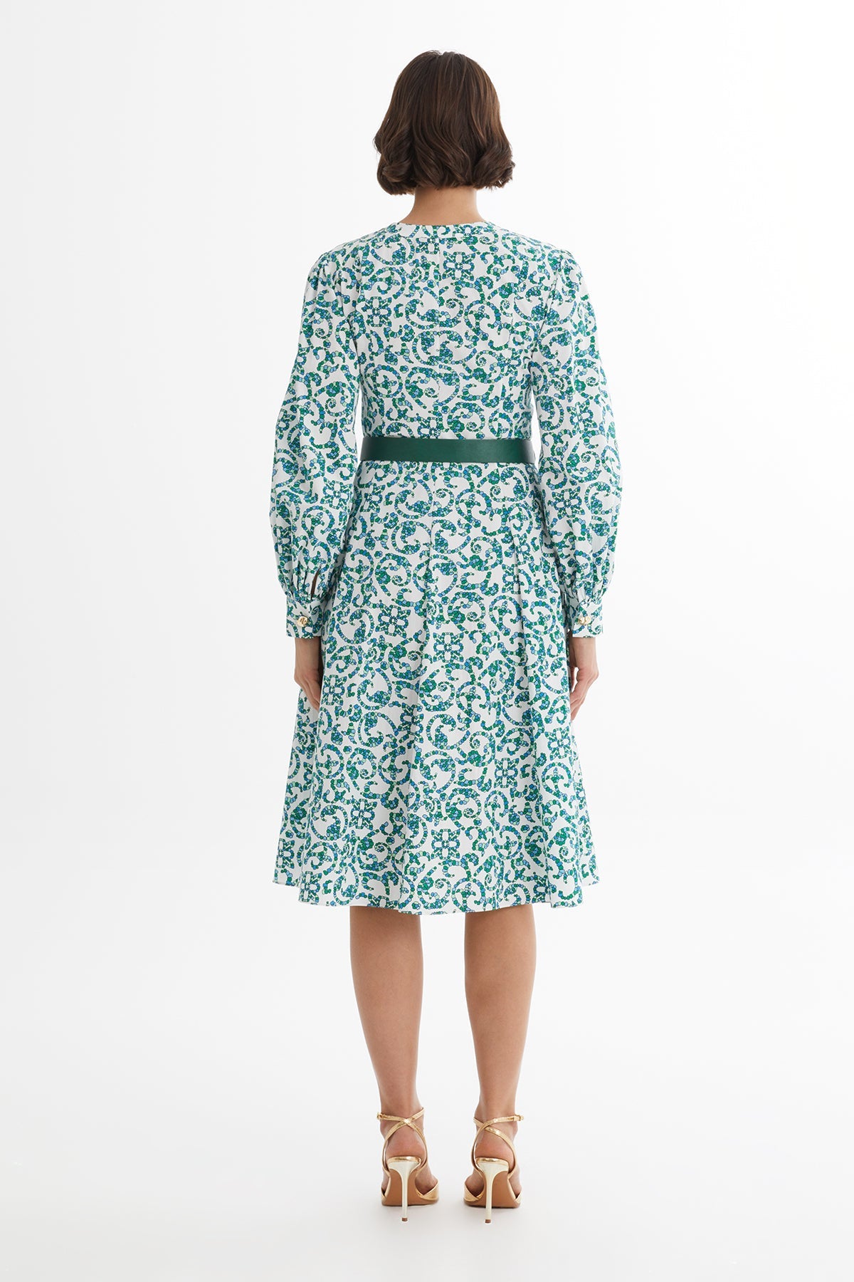 White Leather-Belted Patterned Dress