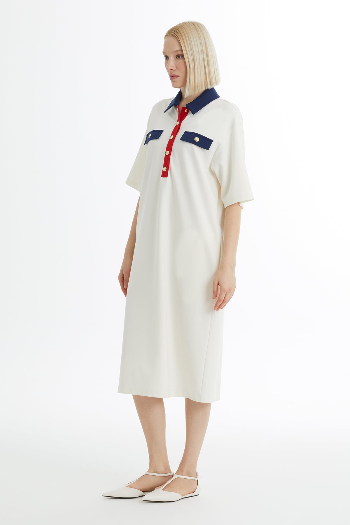 Ecru A-Line Dress with Snap Closure