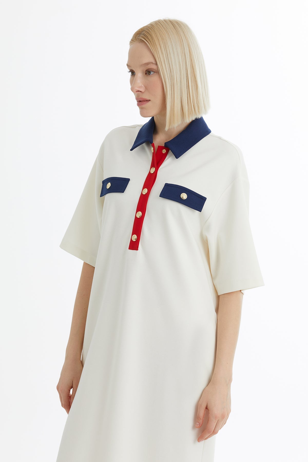 Ecru A-Line Dress with Snap Closure