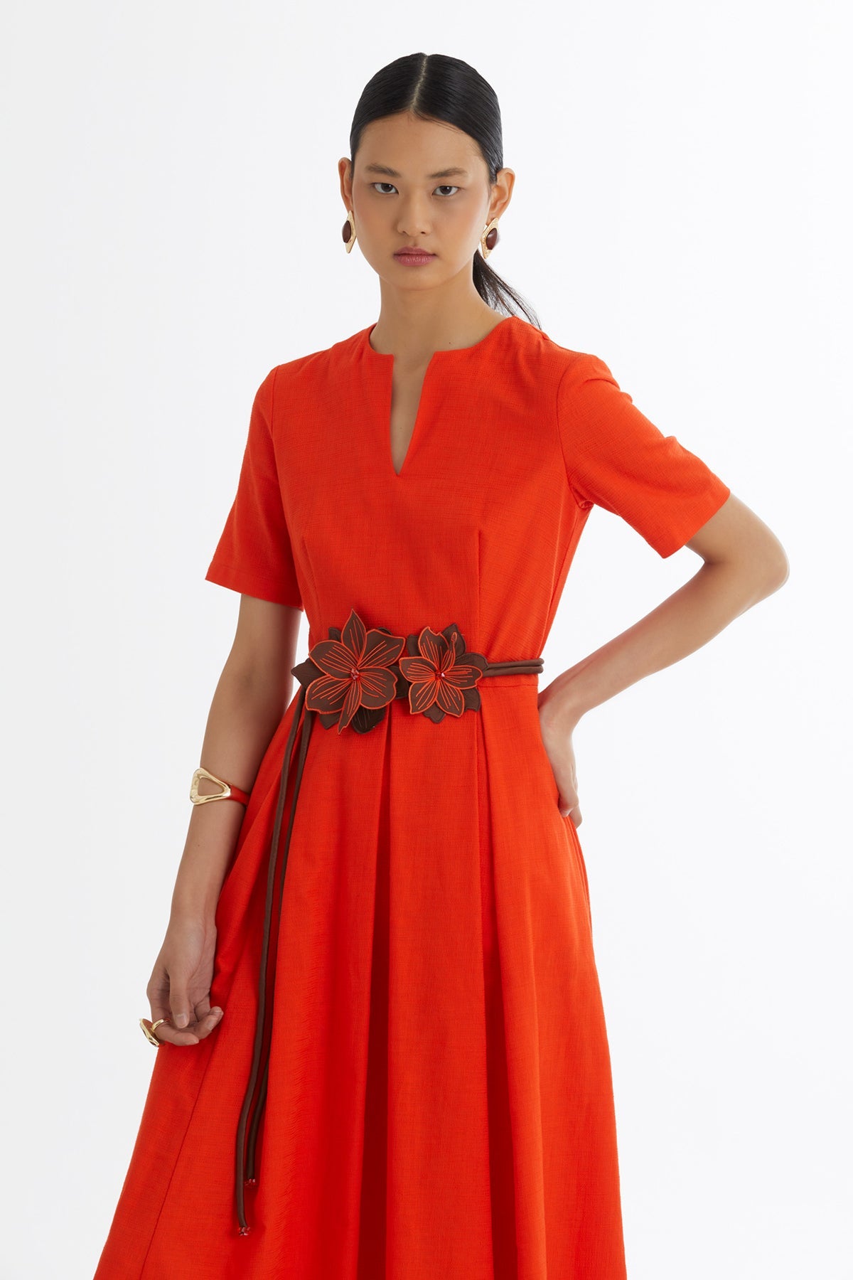 Red Floral Cord-Belted Dress
