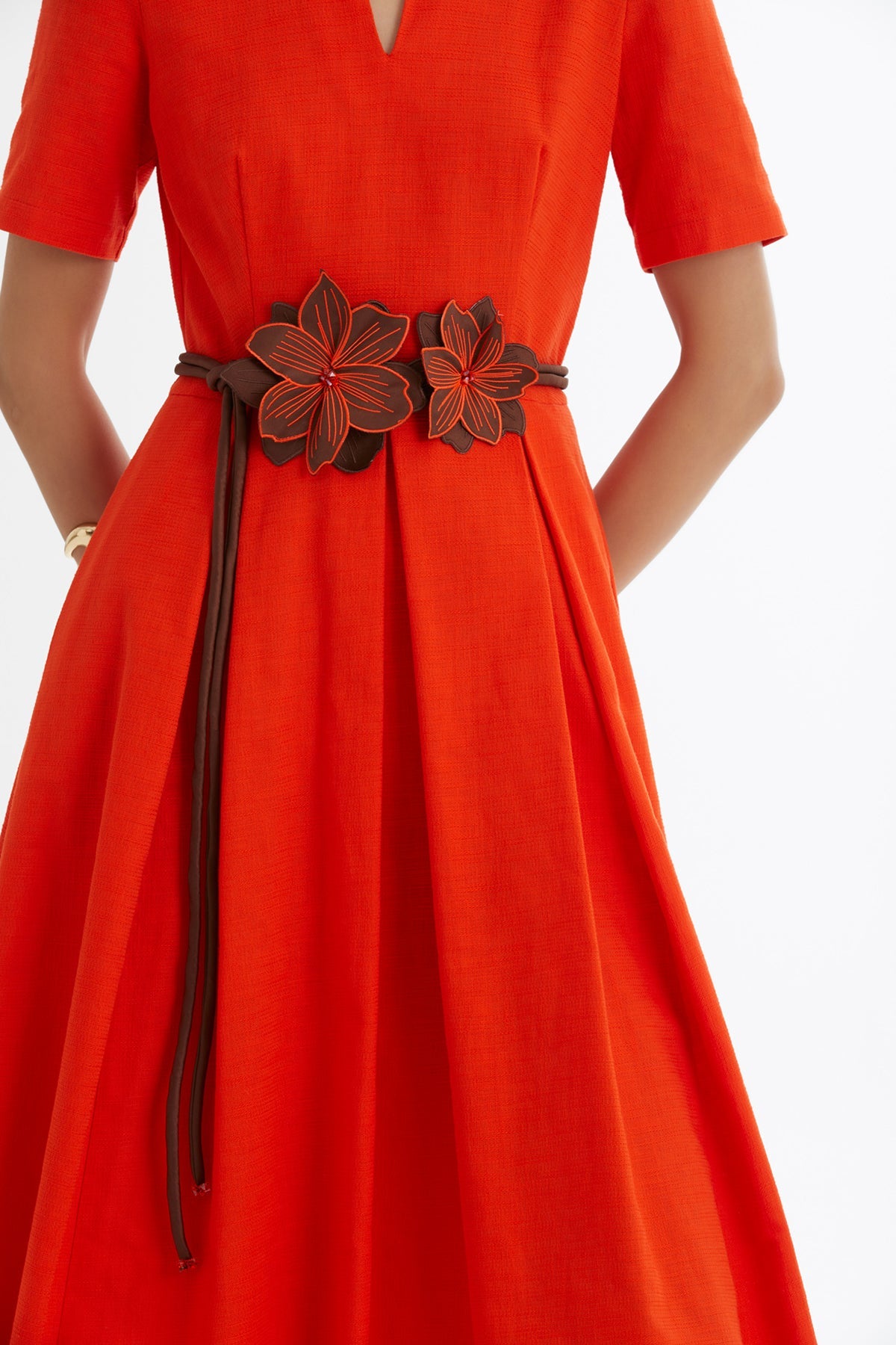 Red Floral Cord-Belted Dress