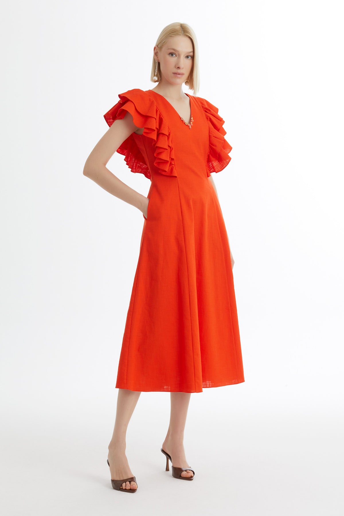 Red Ruffle Sleeve V-Neck Dress